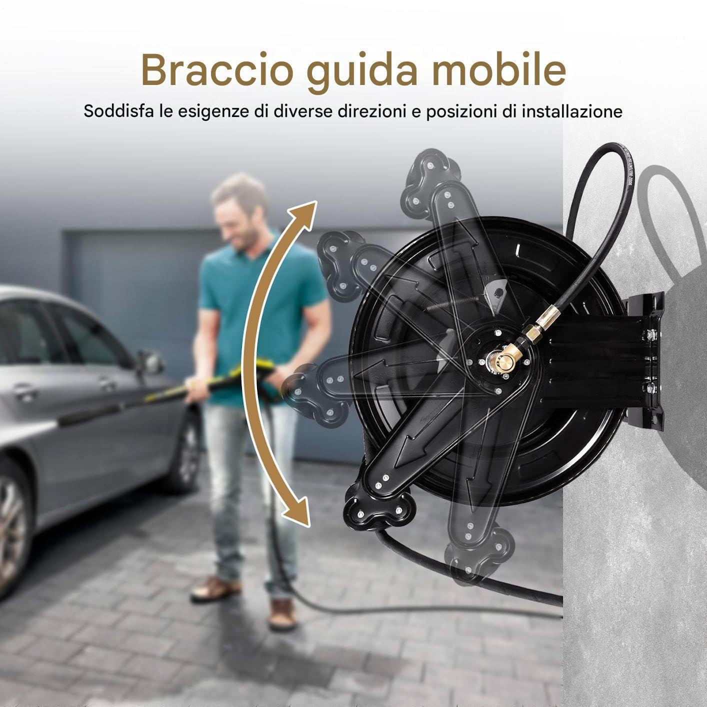 Avvolgitubo retrattile per idropulitrice, doppio braccio, riavvolgimento automatico, 15 m x 1,5 cm per acqua/aria/olio, 4000 PSI, robusto avvolgitubo professionale in acciaio per idropulitrice