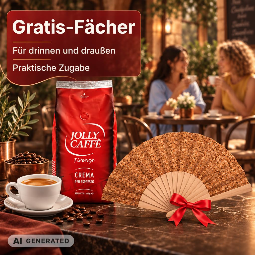 Jolly Caffè Crema Espresso Bohnen, 2 x 1000g, Premium Arabica-Mischung aus Zentralamerika, 2er Pack, Ganze Bohnen + ZUGABE FÄCHER