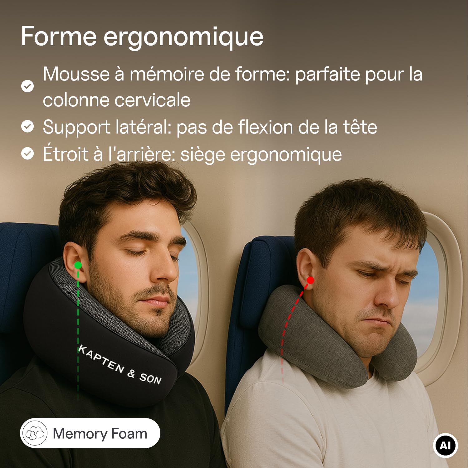 Kapten & Son Coussin de nuque motif avion All Black - Coussin de voyage noir - Avec mousse à mémoire de forme, fermeture et housse - Taille réglable - Coussin ergonomique