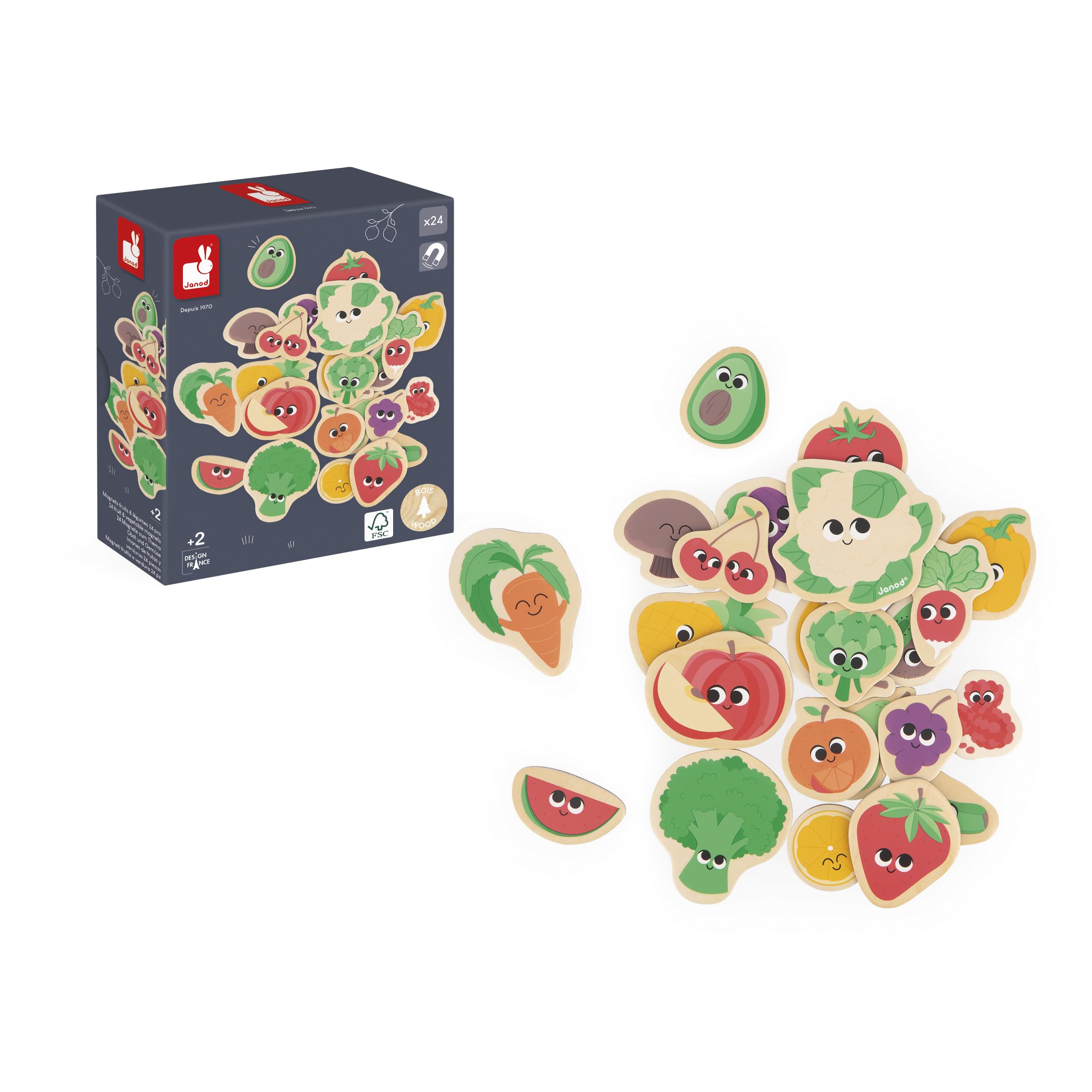 Janod – 24 Magnets En Bois Fruits Et Légumes, Jeu éducatif Magnétique Pour Frigo Ou Tableau, Dès 2 Ans