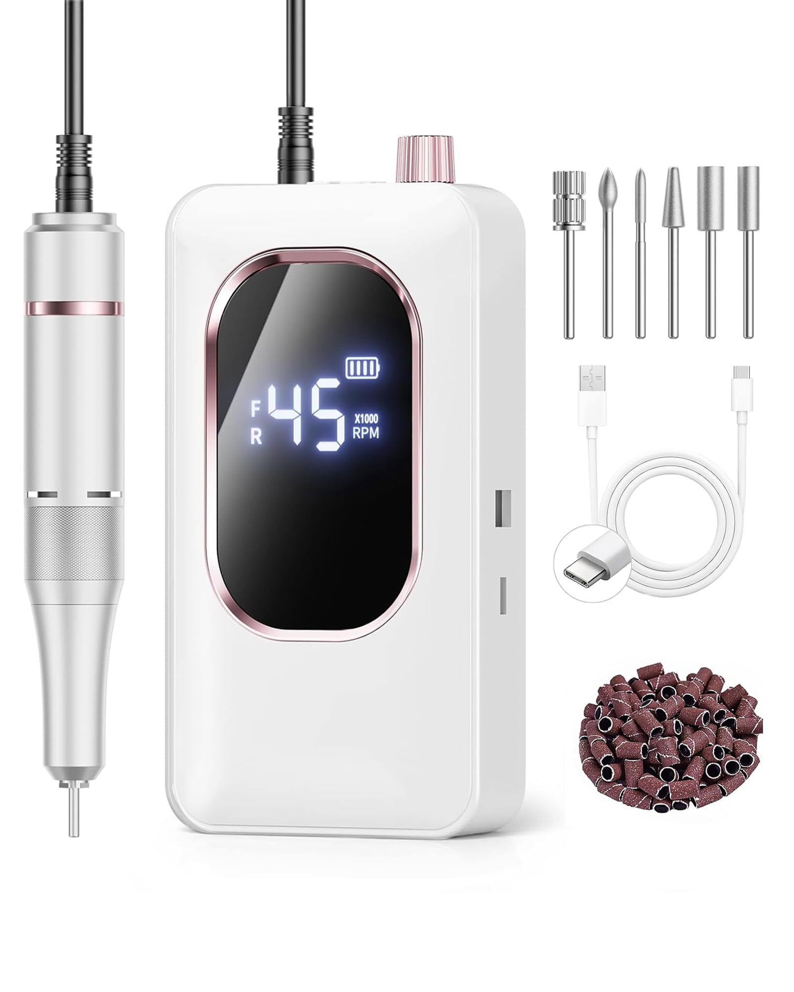 Hoxida Professional Nail Drill 45000RPM,Electric Nail File with LCD Display | 4000mAh Clip On E-File Delivers 30S Gel Removal,Low Noise Low Vibration,Lightweight,3H Fast Charge,8H Runtime for Salon Home