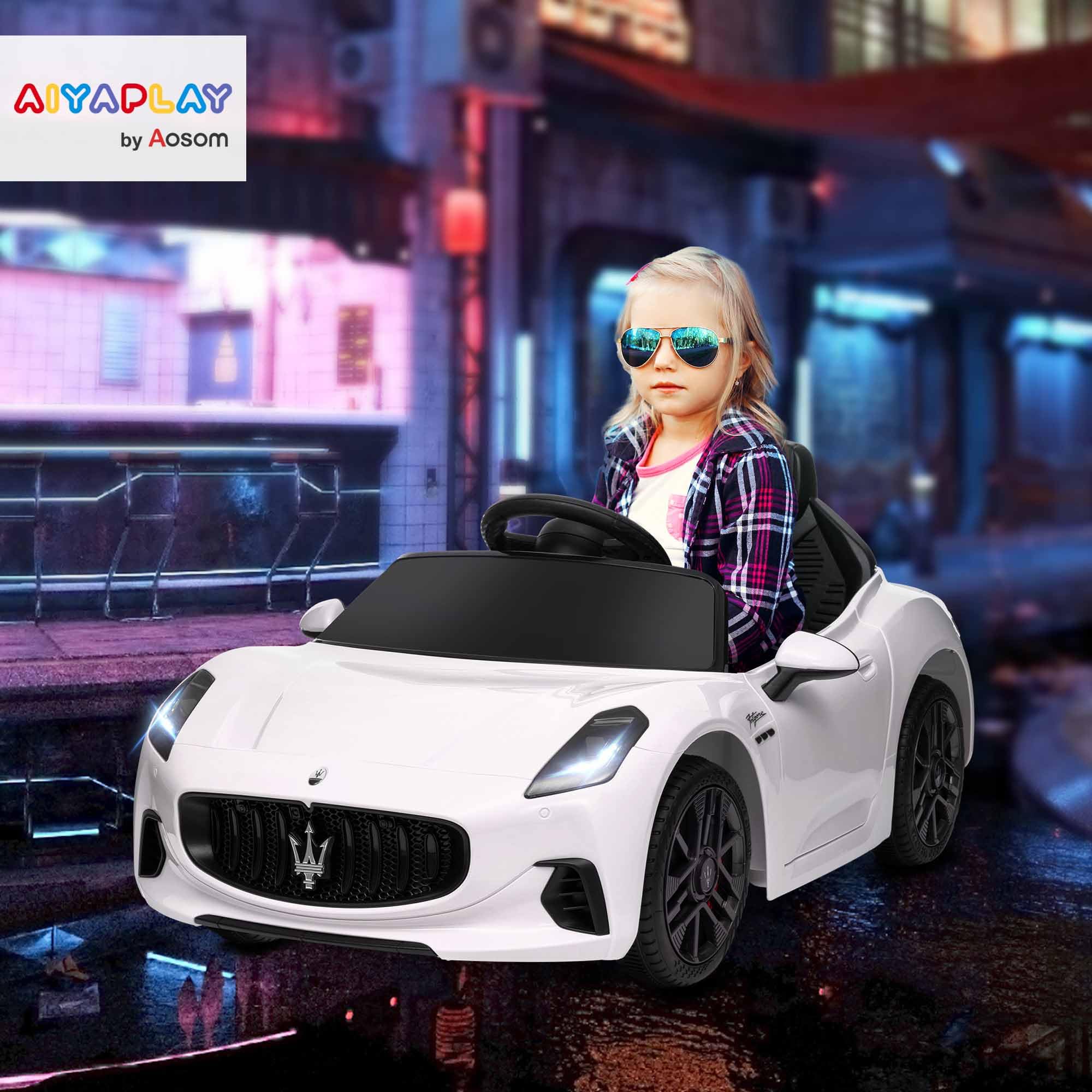 AIYAPLAY Voiture électrique Enfants sous Licence Maserati Gran Turismo Folgore, véhicule électrique 12V avec télécommande 2,4G, phares LED, Musique, klaxon, MP3, Voiture pour Enfants 3 à 5 Ans, Blanc