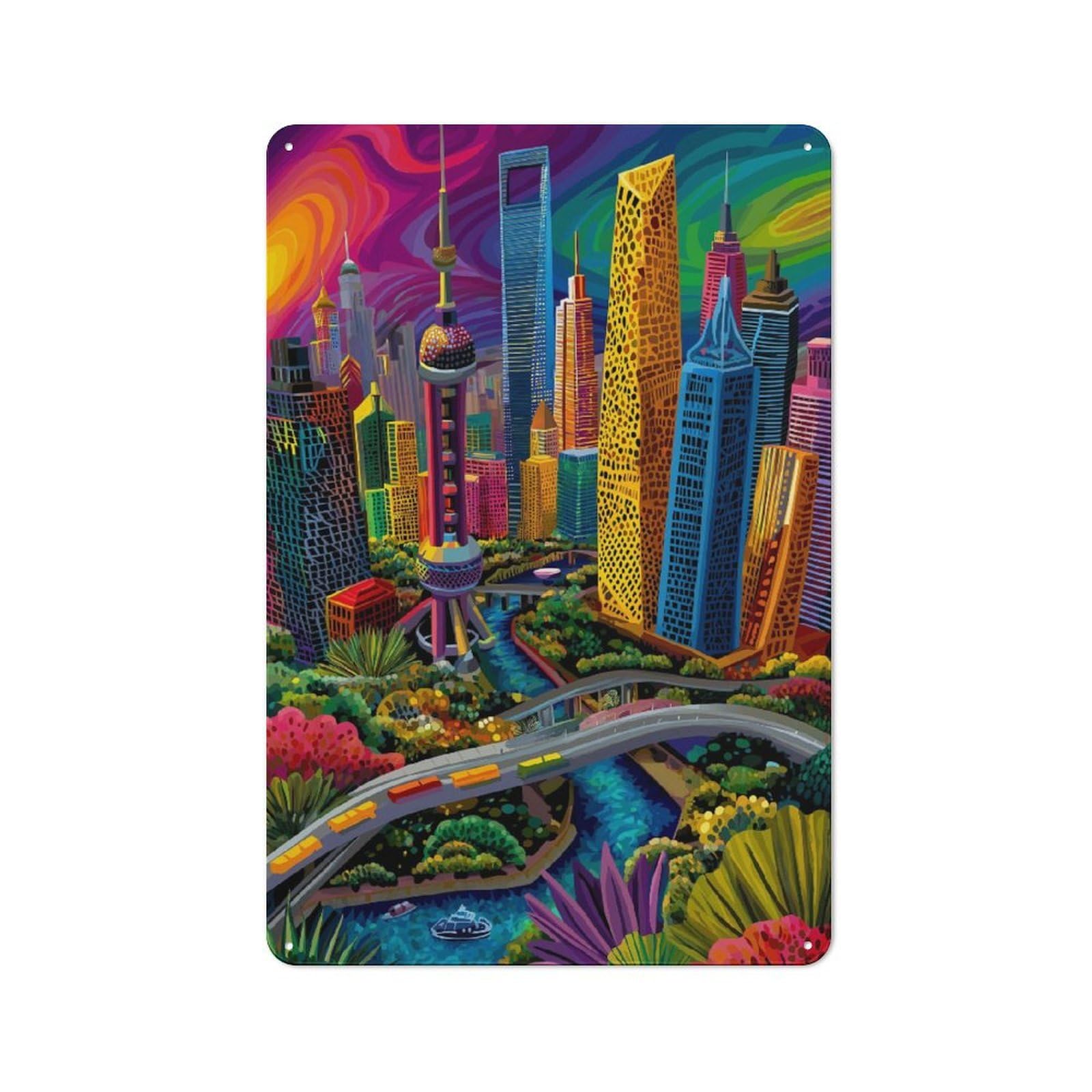 Retro Vibrant Cityscape Urban Jungle Metal Sign 30x20cm, Classic Pub Decor for Cafe, Pub, Workshop Or Home Bar, for Casual British Interiors