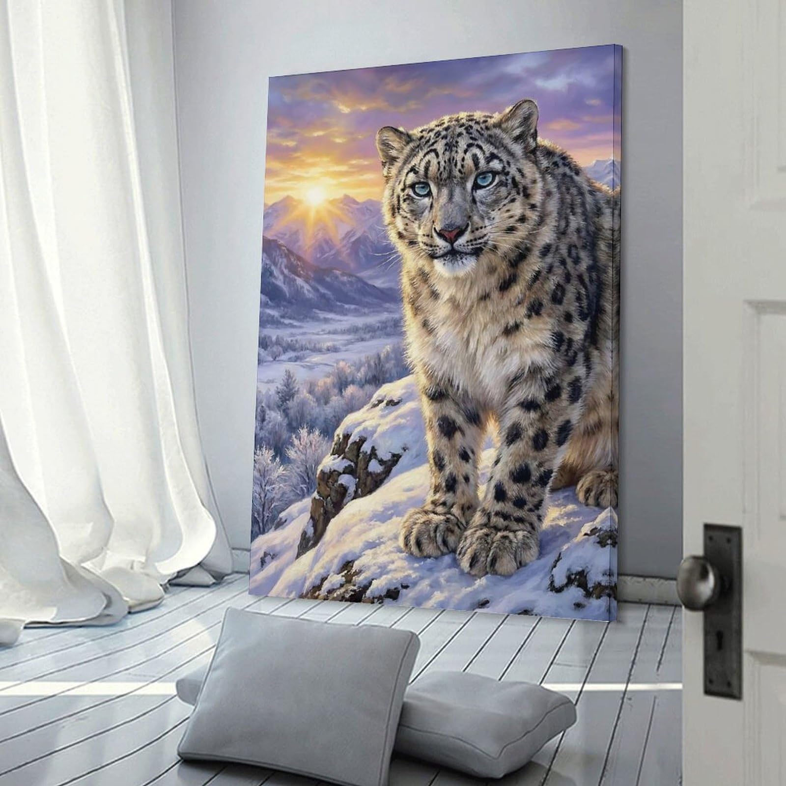 Junmoney Wall Decor Canvas Print Snow Leopard Portrait in Winter Landscape, 16x24inch(40x60cm), for Study, Office Or Apartment Decor, Canvas Artwork with Gifting Potential