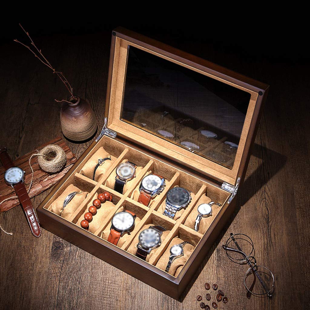 MUSUMI Caja de reloj de Madera con 10 ranuras Caja de almacenamiento de exhibición de joyería con tapa de vidrio y caja de Regalo de almohada de almacenamiento extraíble para Hombres y Mujeres