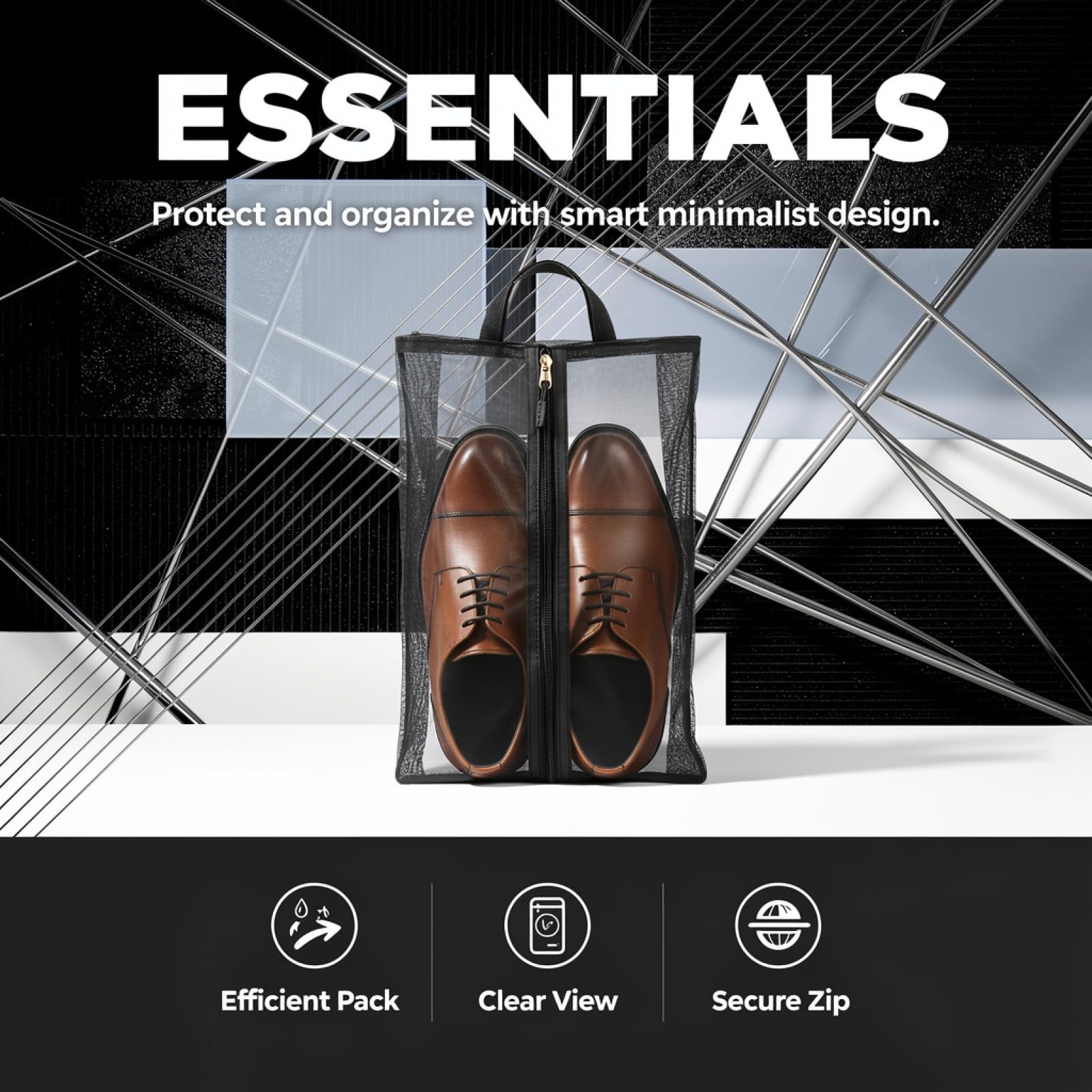 2 STK. Schuhbeutel für Reisen, 40 x 25 cm große Nylon-Schuh-Organizer, tragbar, mit atmungsaktivem Mesh-Design, Unisex Schuh-Aufbewahrungsbeutel, schwarz