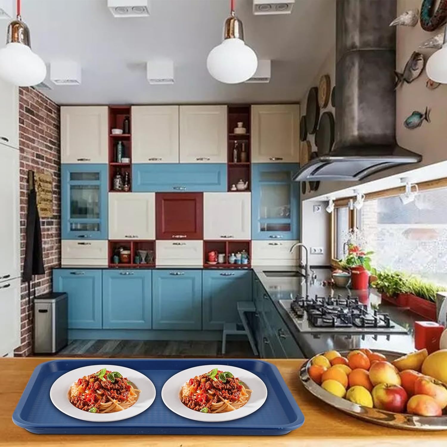 5 Pack Plastic Fast Food Tray, 14x10 Inch Plastic Cafeteria Trays with Textured Surface, Rectangular Fast Food Serving Trays for Serving and Carrying Food in Restaurant Cafeteria, Blue - Image 6