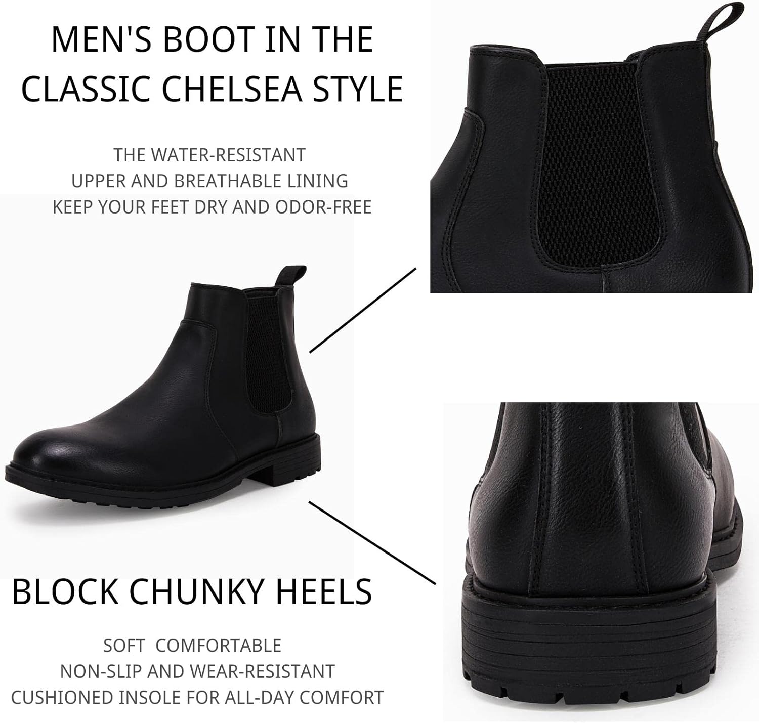 Men's Ankle Boots Chelsea Round Toe Slip on Waterproof Faux Leather Classic Dress Booties for Men - Image 3
