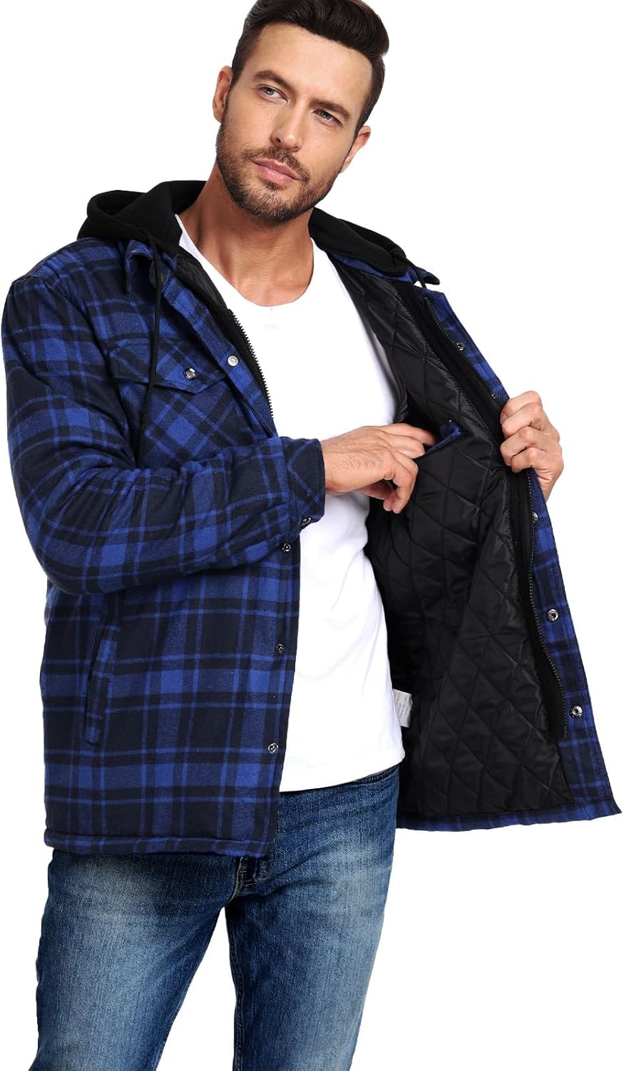 CHEXPEL Flannel Jackets for Men Long Sleeve Plaid Shirt Jacket Quilt Lined Hooded with Button Down Winter Coat - Image 2