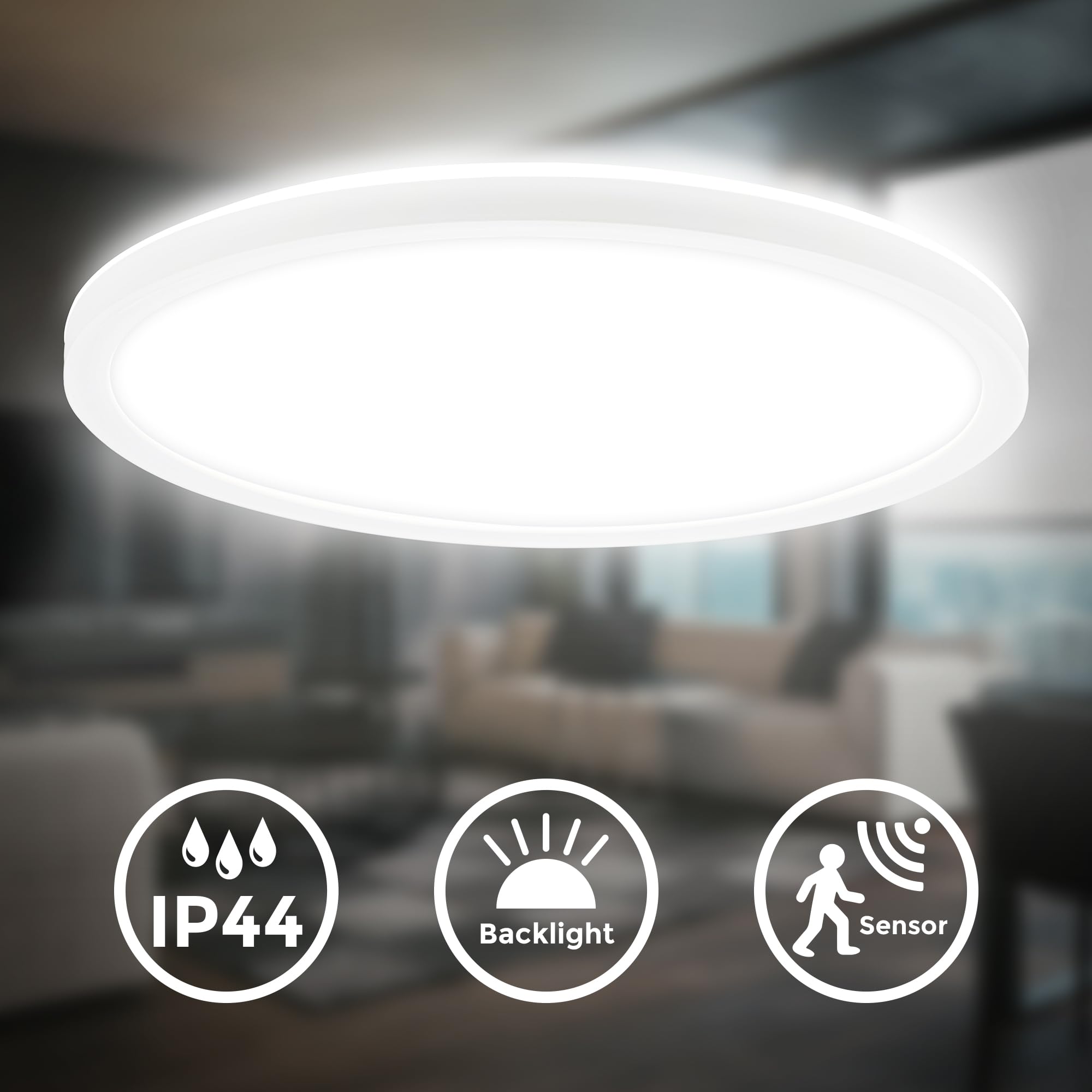 B.K.Licht - Plafoniera a LED con sensore di movimento, piatta, protezione dagli spruzzi d'acqua IP44, plafoniera a LED, pannello LED, lampada da bagno, cucina, lampada per ambienti umidi, 24 x 3 cm