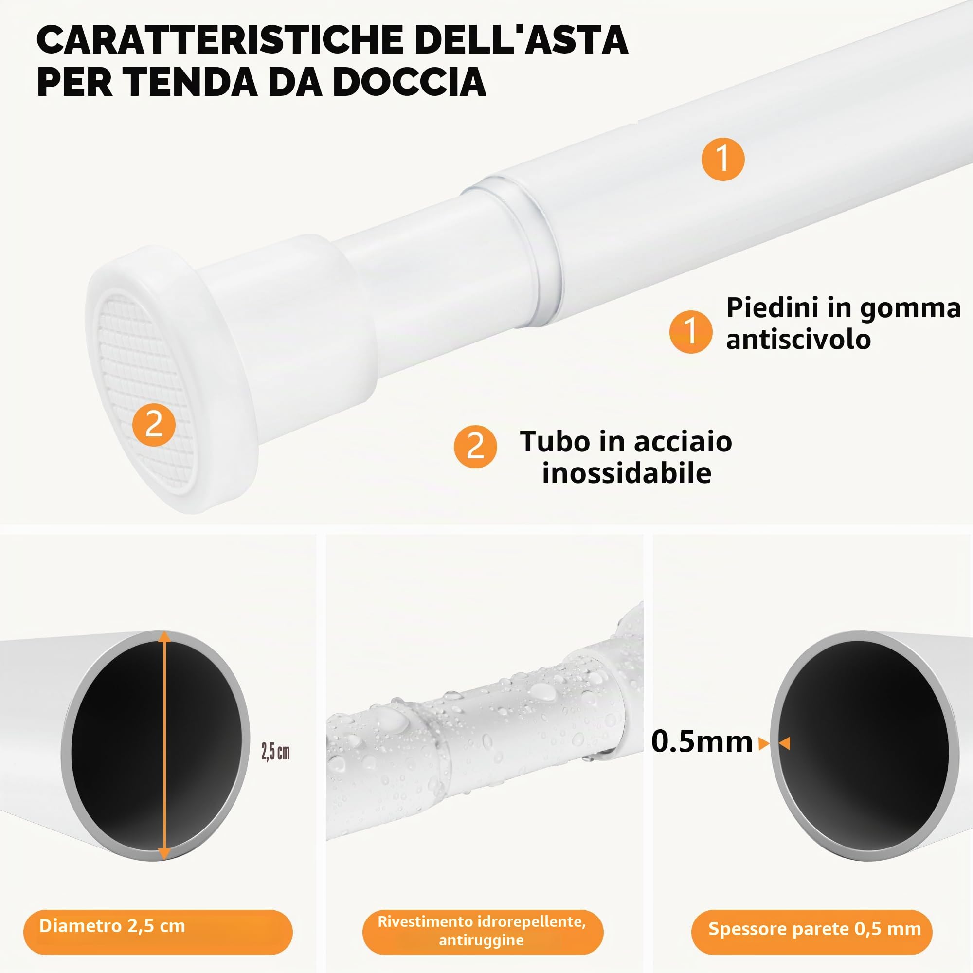 Bastone per Tenda da Doccia per Bagno 73-194cm, Palo per Tenda da Doccia Antiruggine per Negozio di Abbigliamento, Spazio Privato, Bianco
