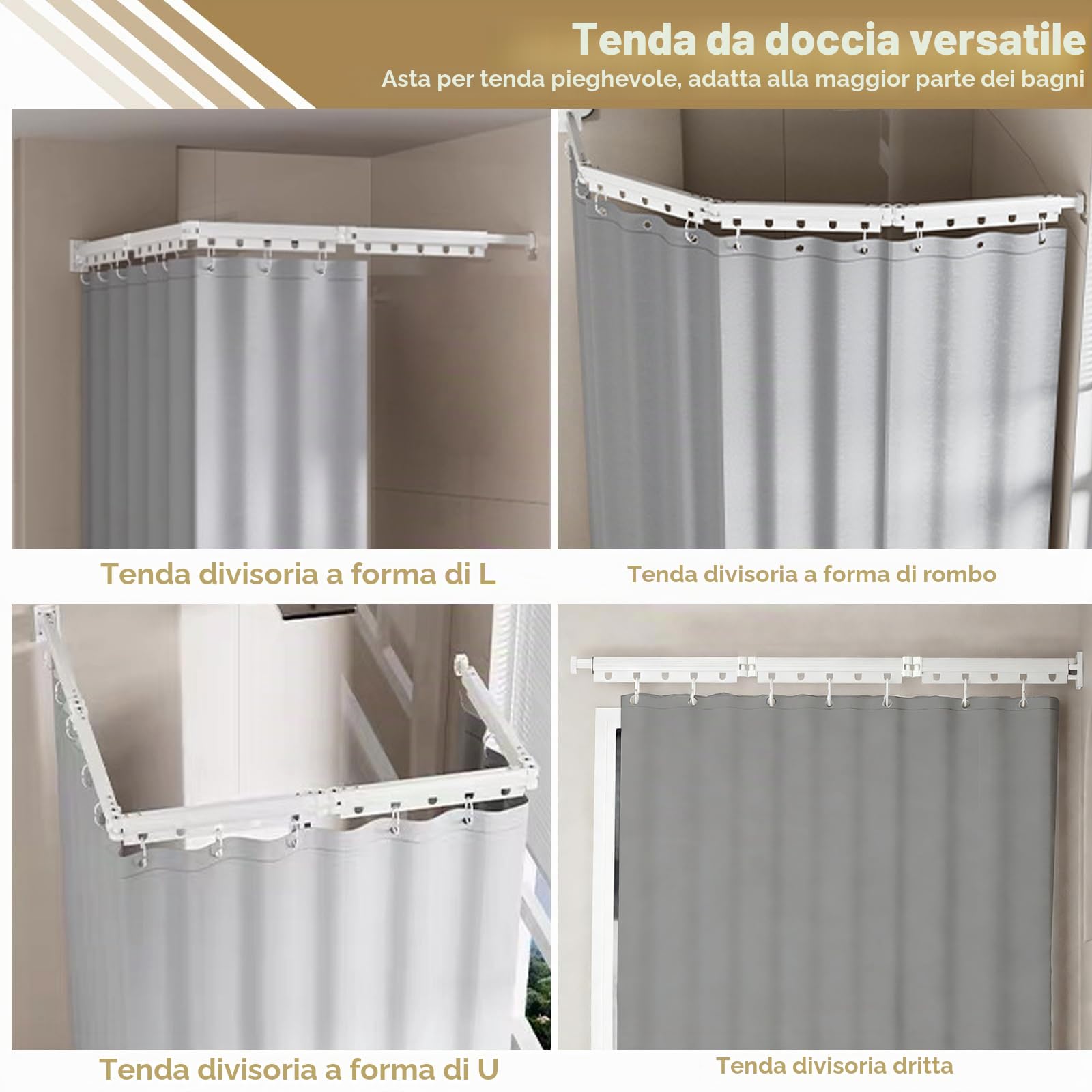 Barretta per tenda da doccia pieghevole, senza foratura, pieghevole e rotante in 4 posizioni, in lega di alluminio, con tenda da doccia impermeabile anti-muffa, 180 x 200 cm, per bagno