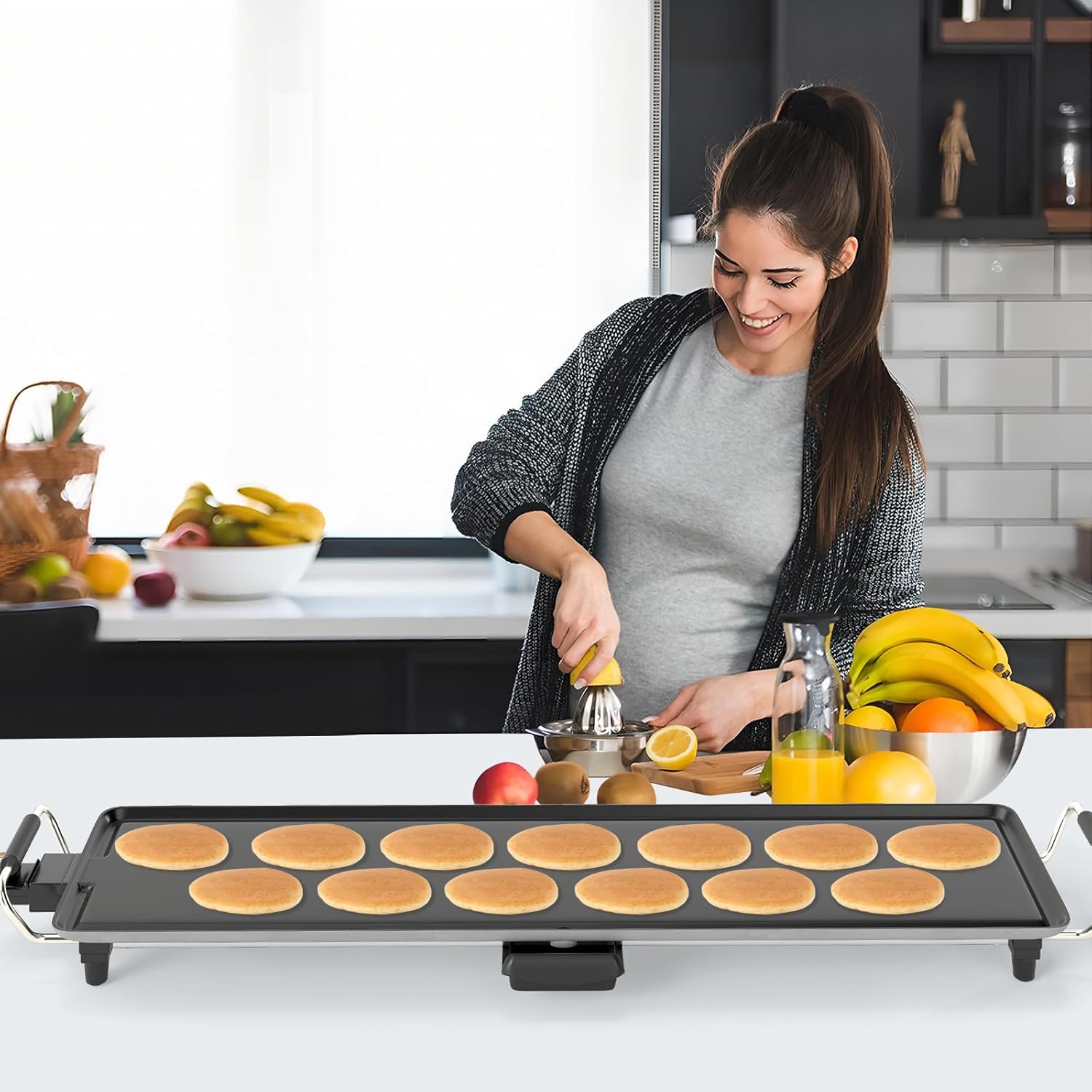 Woman cooking pancakes on the COSTWAY Electric Griddle
