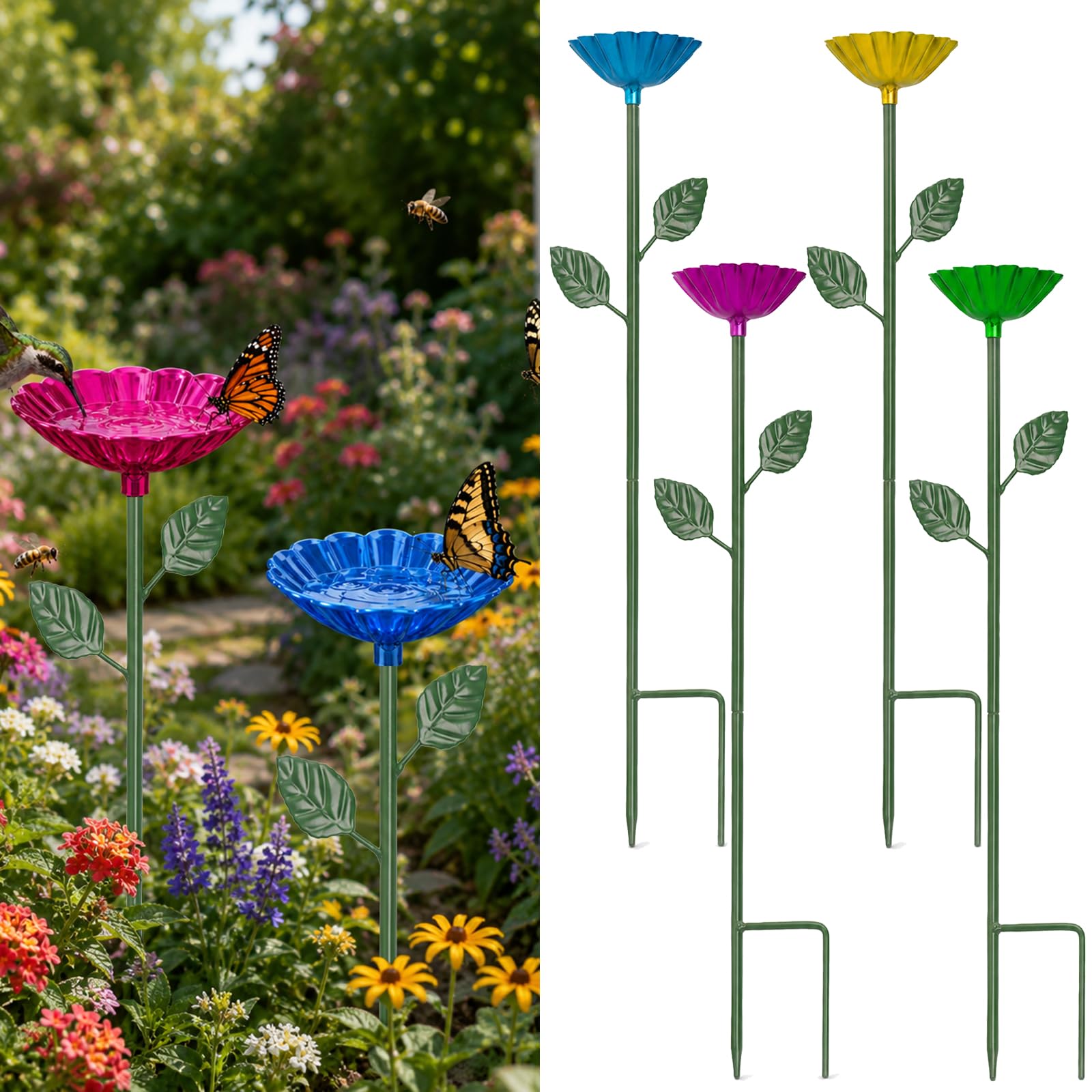 4 Pack Metal Bee Watering Stations, Flower Shaped Cups For Bees on Decorative Stakes for Thirsty Bees Butterflies, Bee Watering Cups for Outdoor Garden Yard Decor