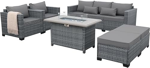 Miniatura 9 de Juego de 6 muebles de mimbre para patio, juego de conversación al aire libre, sofá seccional de ratán de polietileno con mesa para fogatas de 45