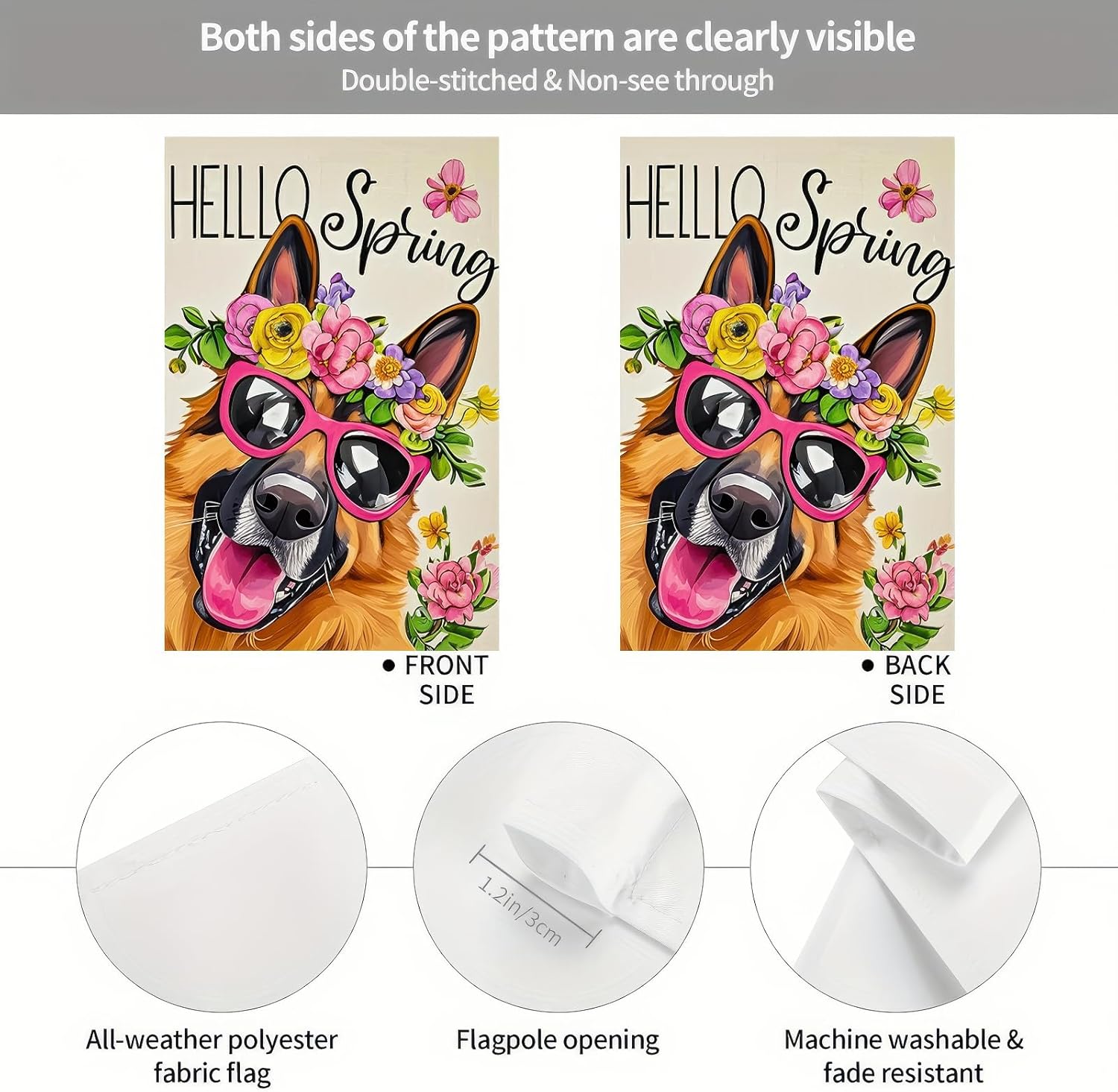 ello Spring German Shepherd Garden Flag 12x18 Double Sided Dog Garden Flag with Sunglasses Floral Design, Spring Summer Outdoor Yard Flag for Lawn Patio Porch Seasonal Decoration - Image 5