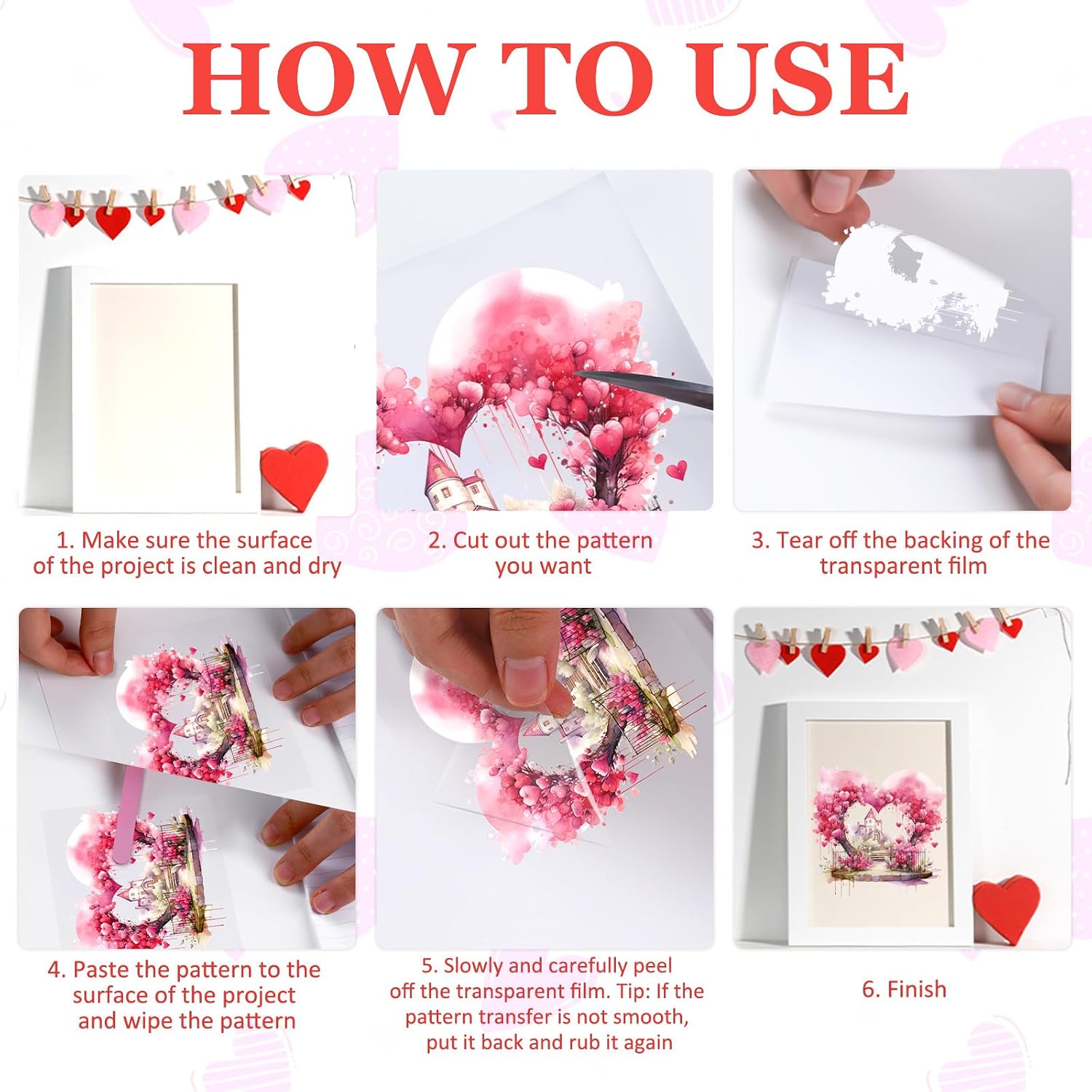 24 Pcs Valentine Rub on Transfers, Pink Heart Flower Garden Rub on Transfers for Crafts and Furniture, Valentines Dtf Transfers Ready to Press for Home Office Wood DIY Crafts Gift
