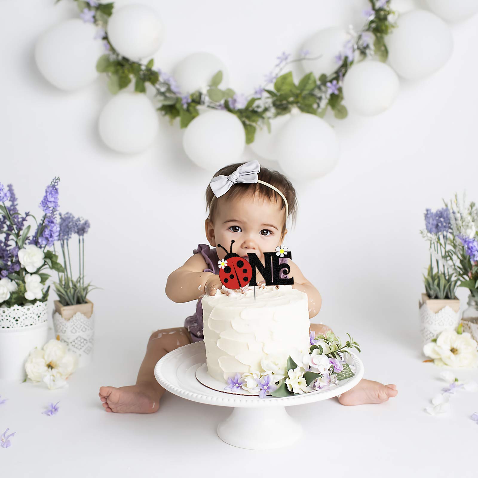 Ladybug Glitter Cake Topper For 1st Birthday - Pre-assembled Baby Shower Decoration With Daisy, 6.9"x4.3" - View #3
