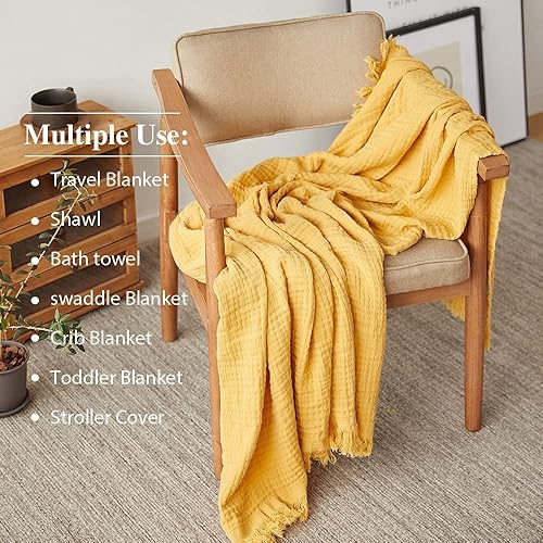 Miniatura 5 de Simple&Opulence Manta de muselina de algodón para cama, sofá, manta de gasa tejida de punto con borlas, suave, ligera, acogedora, prelavada,