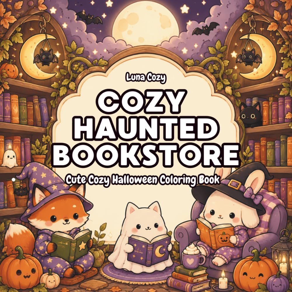 Cozy Halloween Coloring Book: Spooky Cute Pages Filled with Ghost Cats, Magical Libraries, and Cozy Fantasy Scenes