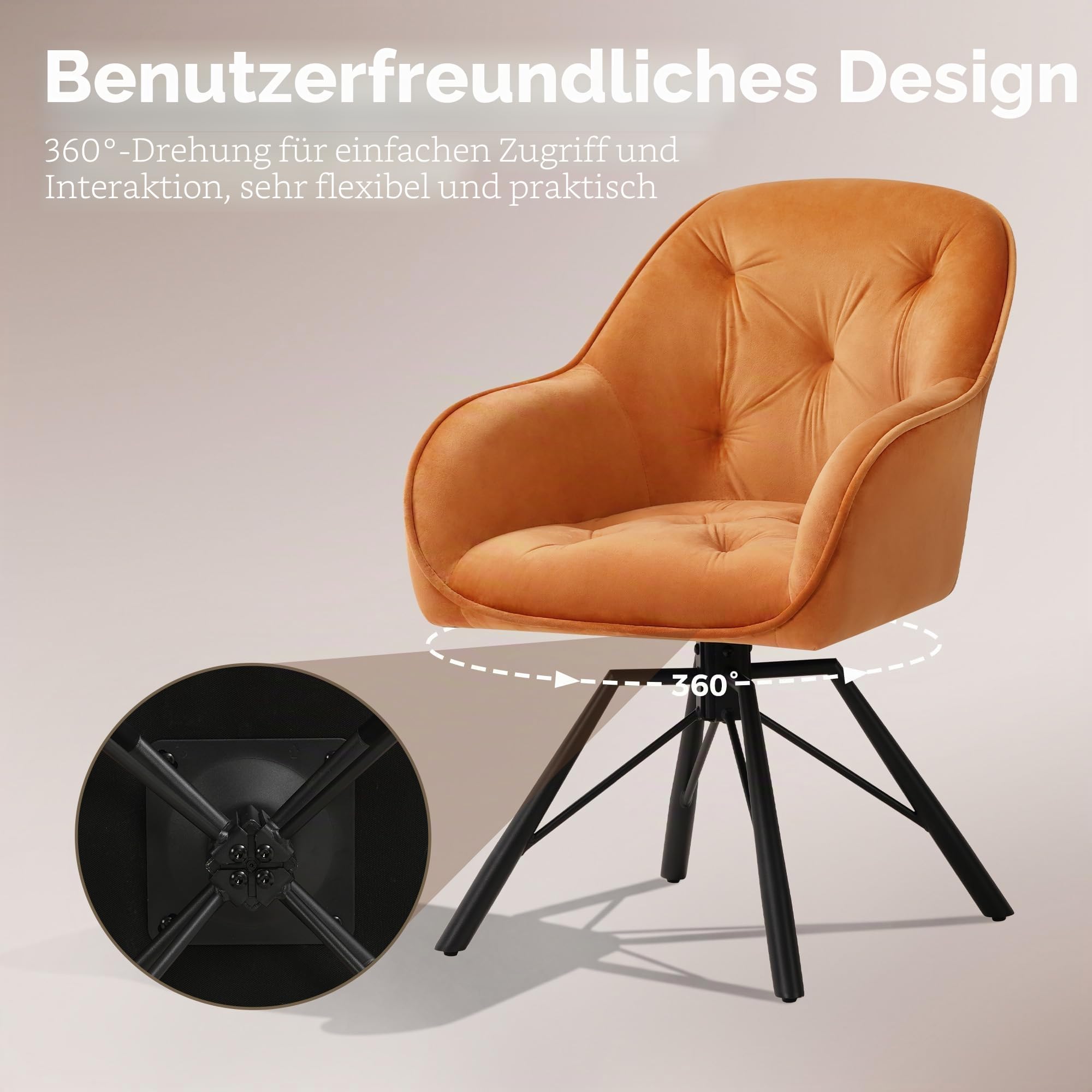 ELUCHANG Esszimmerstühle 4er Set, 360°Drehbar, Mehrschichtiger Dicker Schaumstoff Stuhl mit Hohen Armlehnen, Braun Samt, Gekreuztes Metallgestell bis 150KG, für Schlafzimmer Küche Wohnzimmer