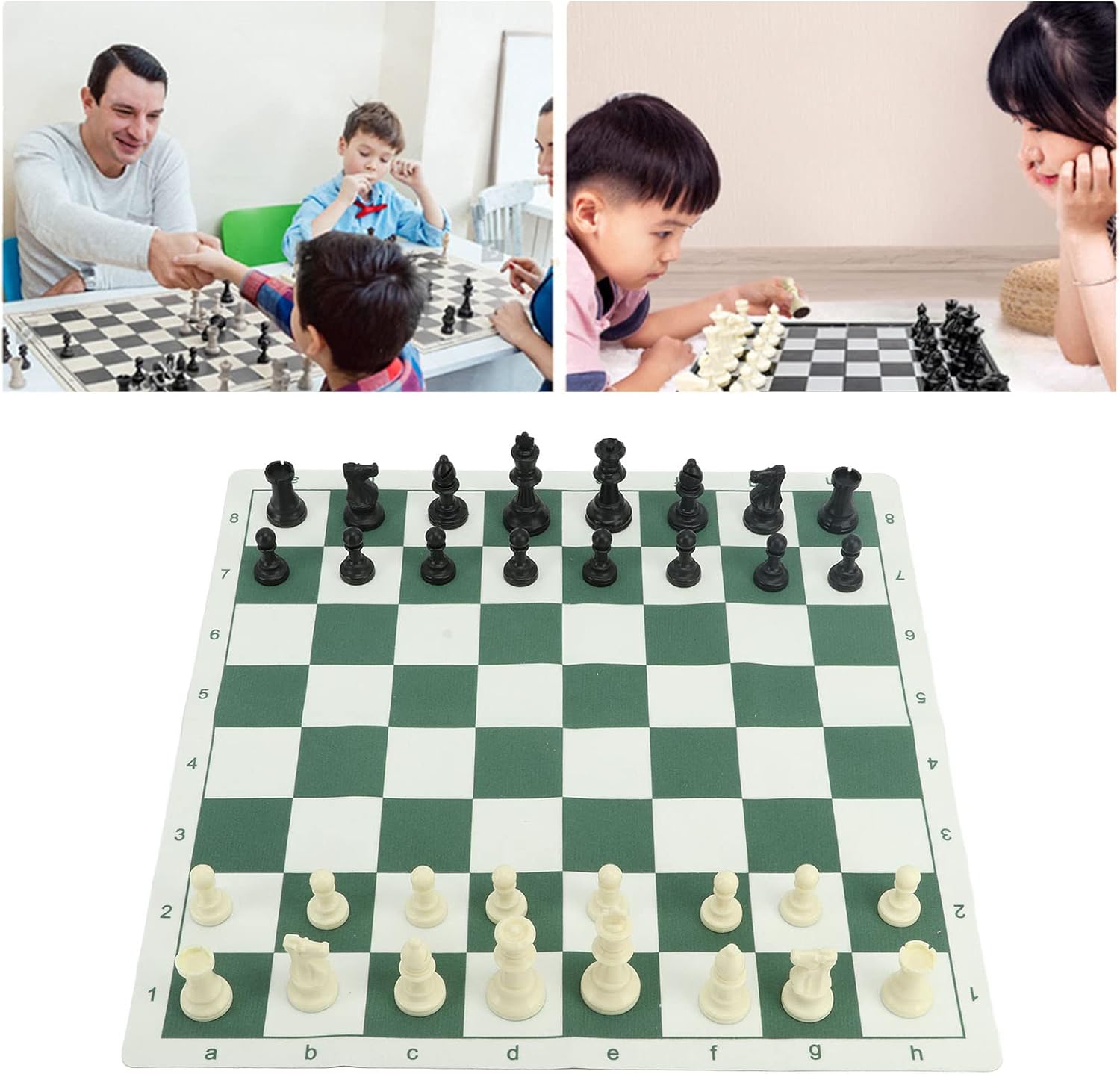 Alomejor Chess Set with PU Leather Board, 32 Non-Slip Pieces, Storage Bag, Black and White