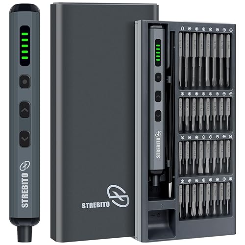 STREBITO Mini Electric Screwdriver Set, 70 in 1 Small Electric Screwdriver Cordless - 64 S2 Preicison Bits, 5 Torque Settings, 4 LED Lights, Mini Power Screwdriver Repair Tool Kit for PC RC Electronic - Grey
