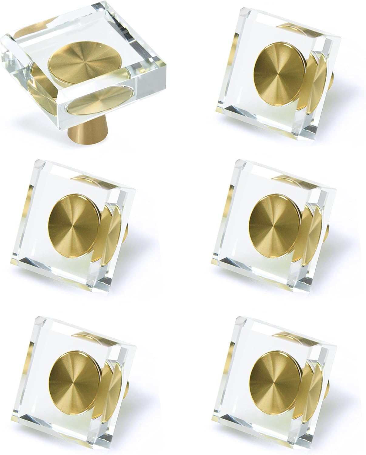 JEREVER 6 Pack Glass Crystal Knobs Brass Drawer Pull Cabinet Handle Gold Furniture Hardware for Dresser Kitchen (Square)