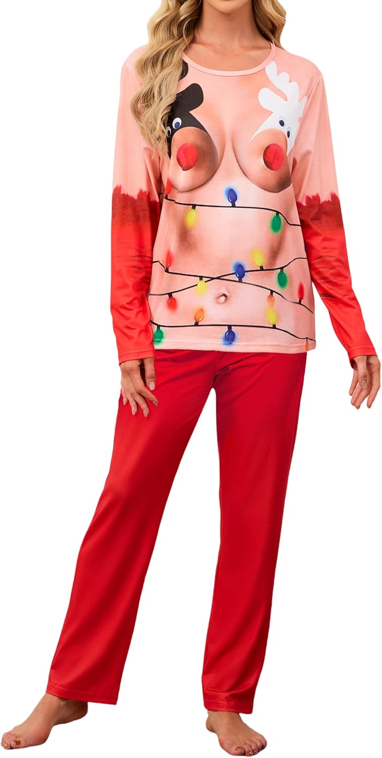 Men Women Ugly Christmas Pajamas Set Long Sleeve Pjs Sleepwear for Jammies Party