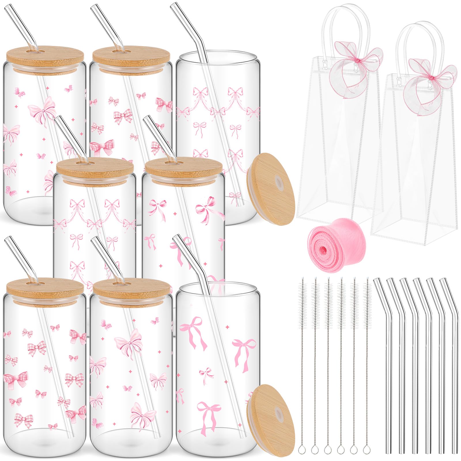 Mumufy 8 Sets Coquette Bow Aesthetic Cup with Clear Gift Bag 16 oz Reusable Pink Cute Glass Cup with Lids and Straws Tumbler Stuff Cleaning Brush for Coffee Cocktail Girl Women Friends Gifts