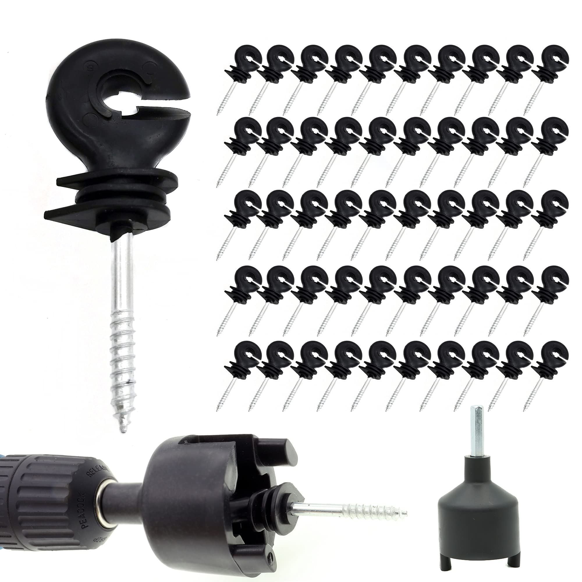JBT 100 Pcs Electric Fence Insulator Screw-in Insulator Fence Ring Post Wood Post Insulator and 1 Pcs Free Insulator Socket Tool(Black)