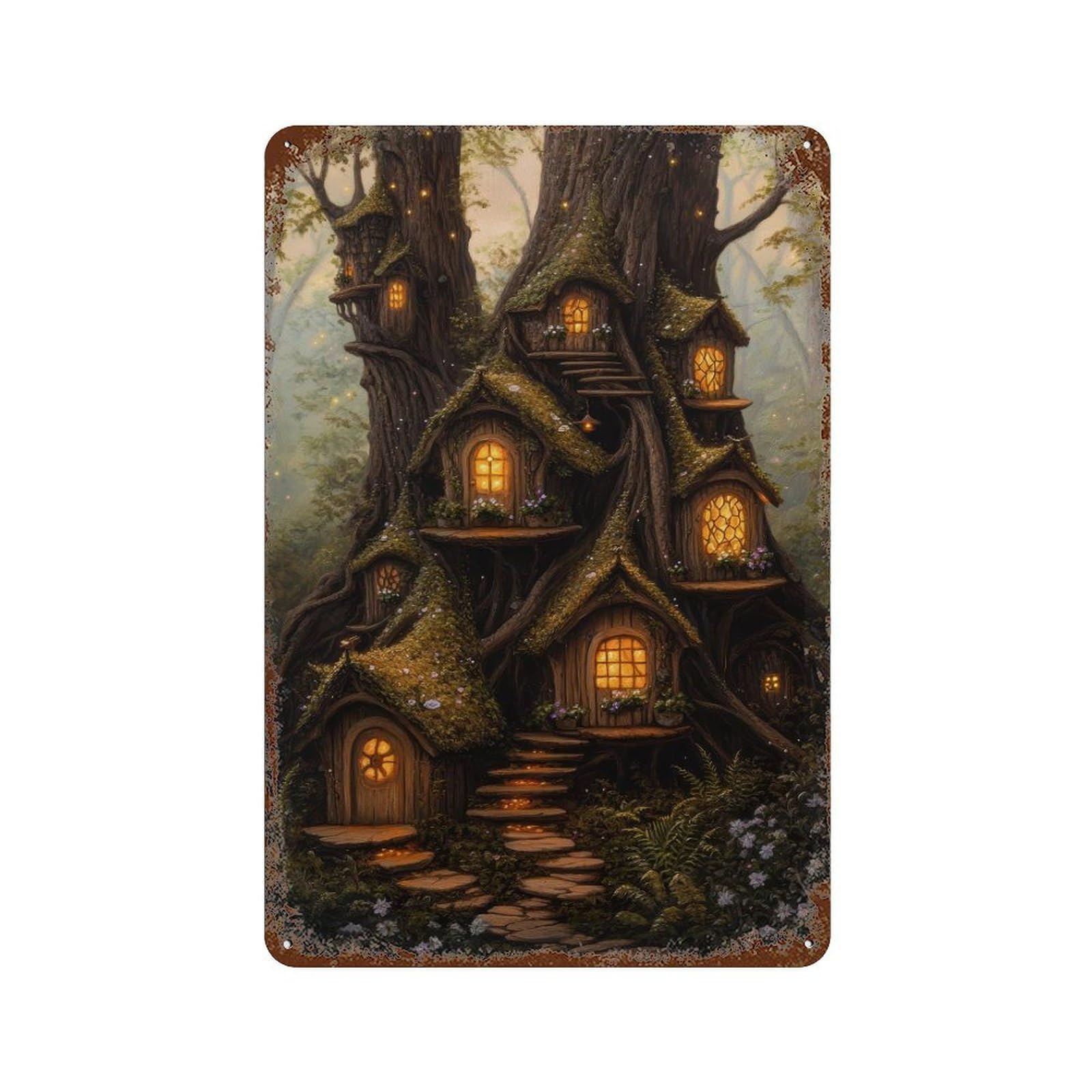 xiaoxiaoshen Fairy House Cottagecore Enchanted Woodland Vintage Nature Wall Decor Art Metal Tin Poster Modern Home Decor Art Home Bar Shop Decorations Vintage Sign 30x20cm