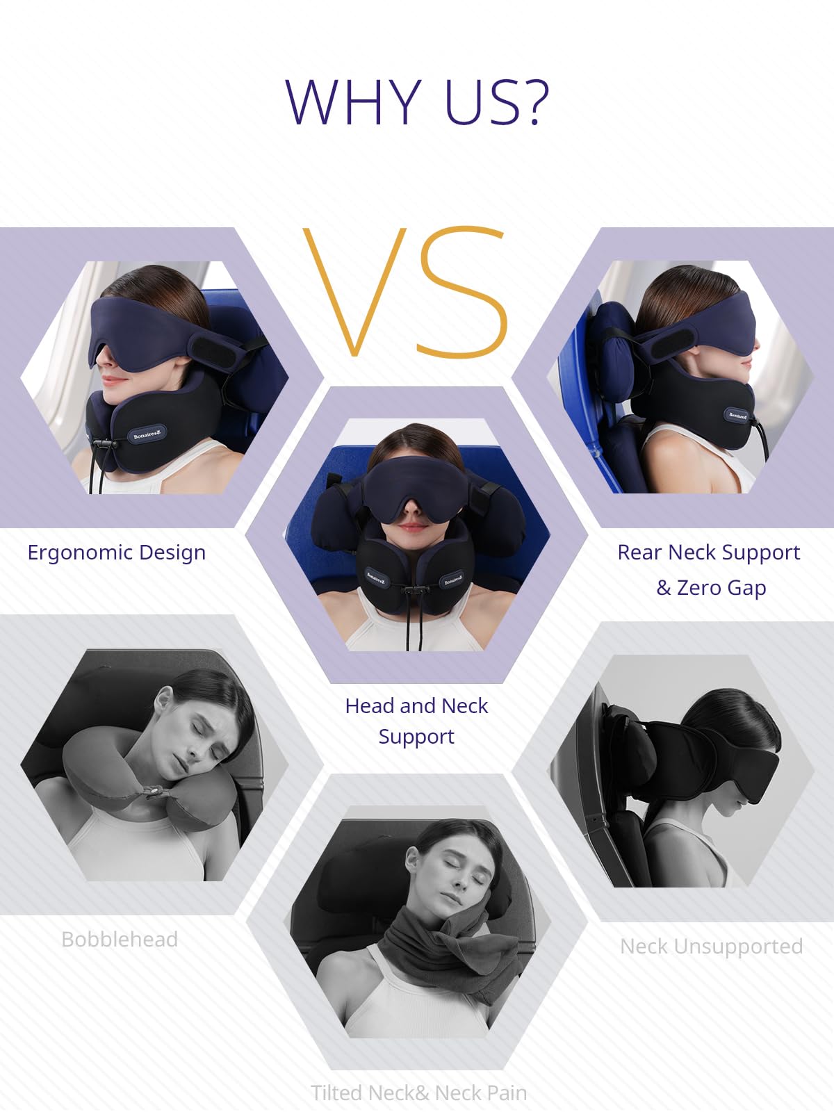 Almohada de Viaje, Almohada Cervical para Avión con Antifaz 3D y Correa de Asiento para Vuelos Largos y Viajes por Carretera, Espuma de Doble Densidad, Esencial para Viajes en Negro & Morado