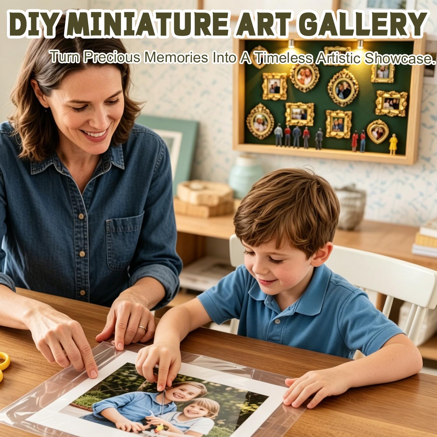 Mini Museum Silhouette Box, Neu Kreatives Bilderrahmen DIY mit LED Licht, Erinnerungsdisplay Kit mit 11 Mini Goldene Rahmen 8 Zufällige Figuren Set, Jahrestag Geschenke Ideen (Naturholzrahmen, grün)