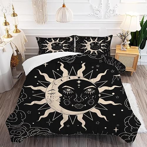 kxry Juego de edredón Queen con sol y luna negro para niñas, mujeres y niños, ropa de cama celestial bohemia oculta y media luna con estrellas