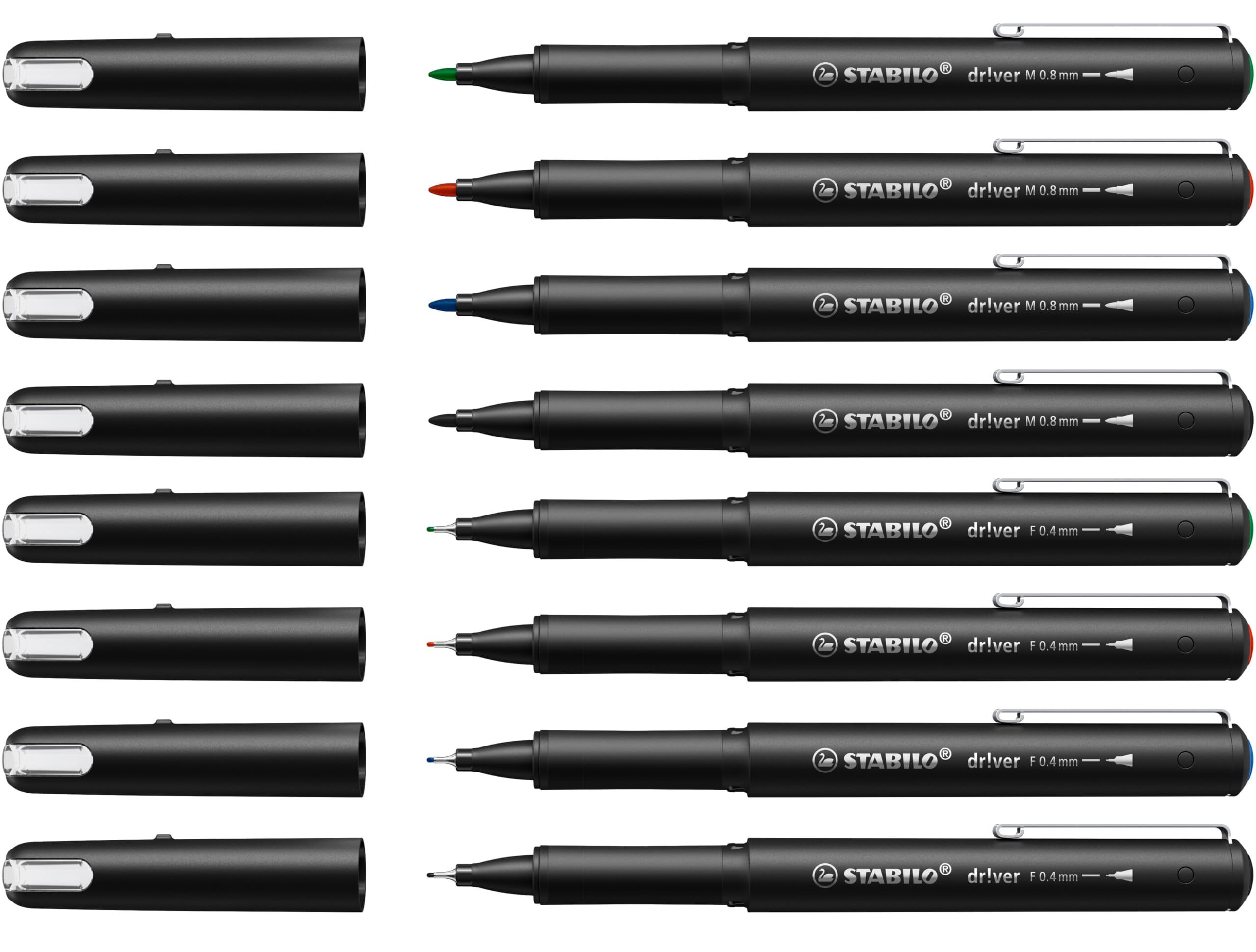 STABILO Premium Fineliner & Filzstifte, Display-Set, 32-teilig, dr!ver Serie, Schwarz, Blau, Rot, Grün