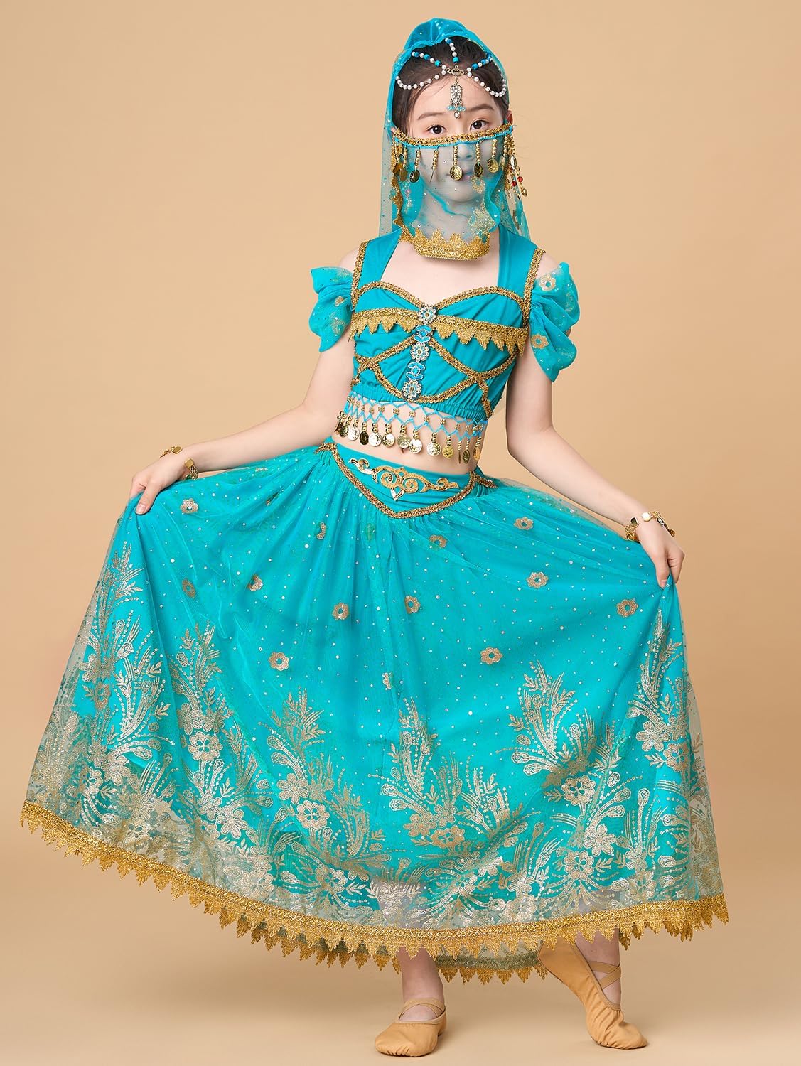 Princess Jasmine Costume for Girls Aladdin Dress UP Halloween Cosplay Party Belly Dance Outfit