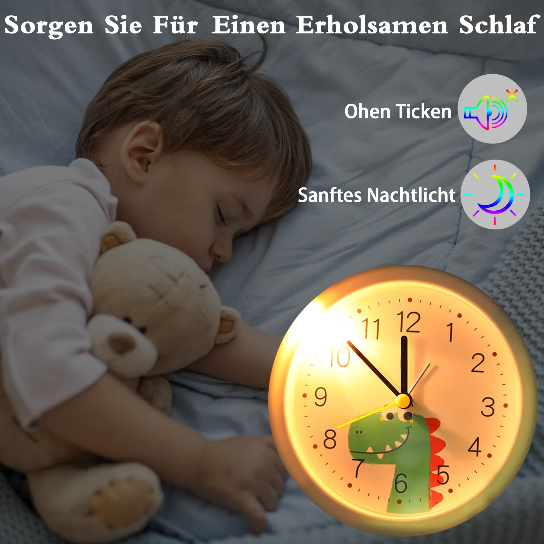 Sveglia per bambini senza ticchettio, silenziosa, con luce notturna, portatile, colore bianco