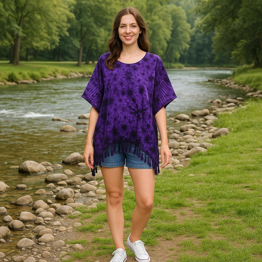 Tie Dye Tunic Poncho Kaftan Caftan Blouse Cover Up Handmade Plus size (purple)