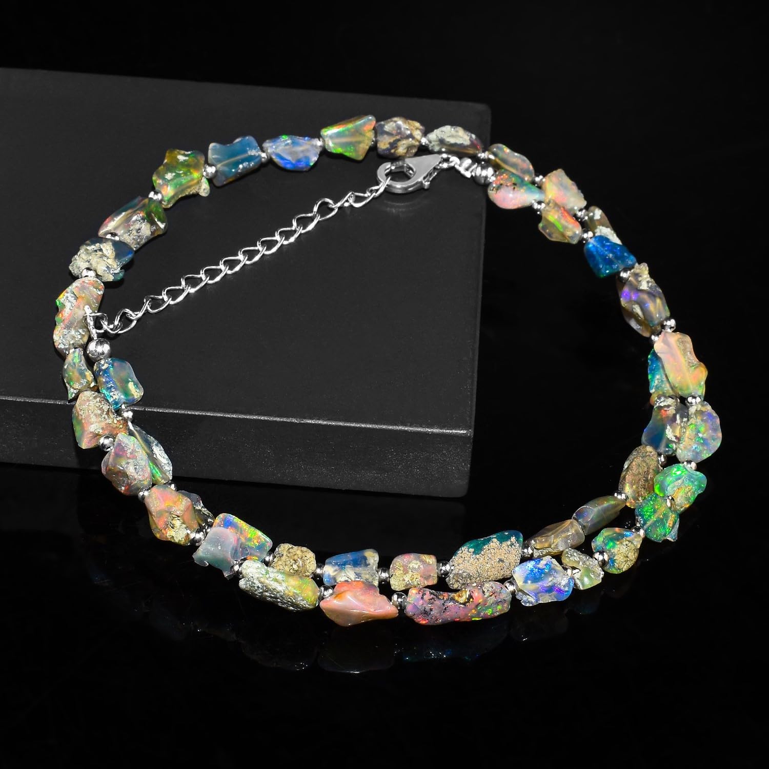 Natural Raw Ethiopian Black Opal Gemstone Polished Beads Dainty Choker Necklace, Handmade Jewelry, Healing Crystals, October Birthstone Gift for Women, 925 Sterling Silver Chain 18 inch - Image 2