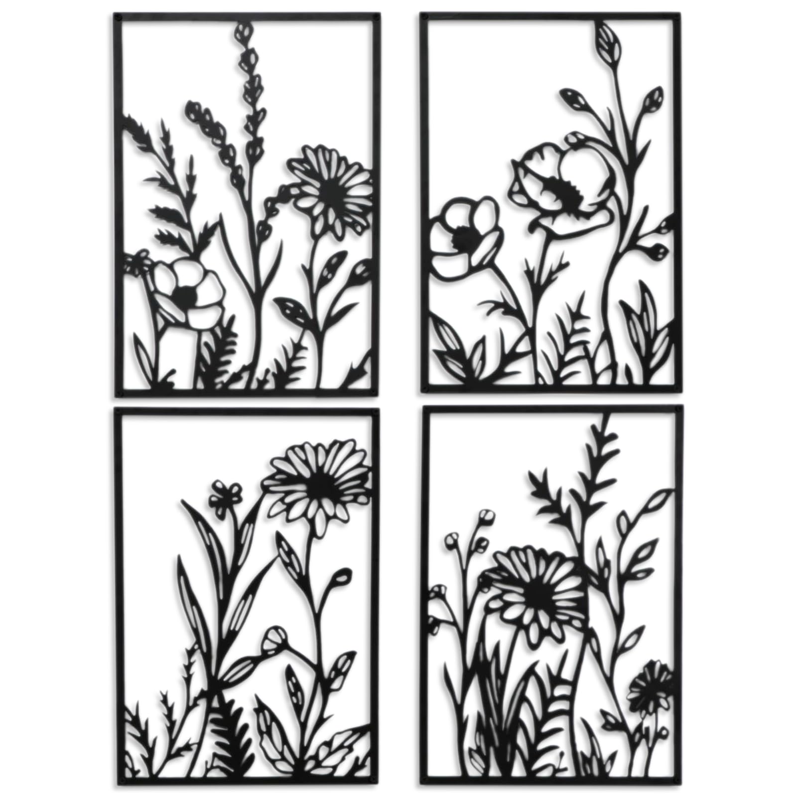 Qubitly 4 Pcs Black Metal Wall Art, Floral Design Wall Decoration for Living Room & Bedroom, Iron Decor with Easy Install, Multi-Panel Art Set for Modern & Rustic Interior Styling