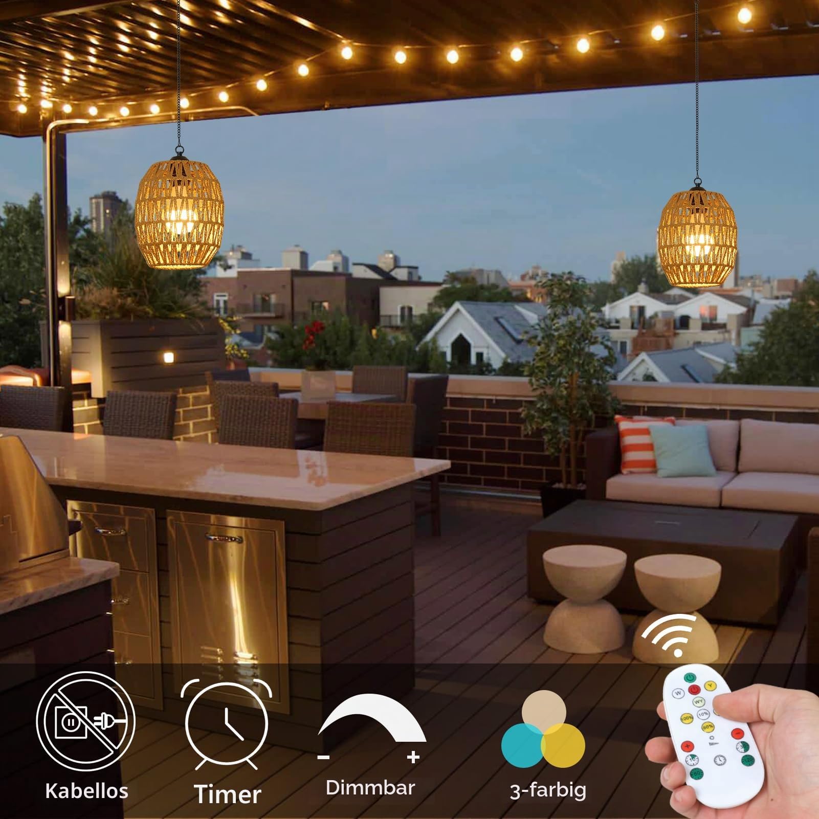 Rayofly 2 Stücke Akku Hängelampe Outdoor, Boho Hängelampe mit Batterie Akku