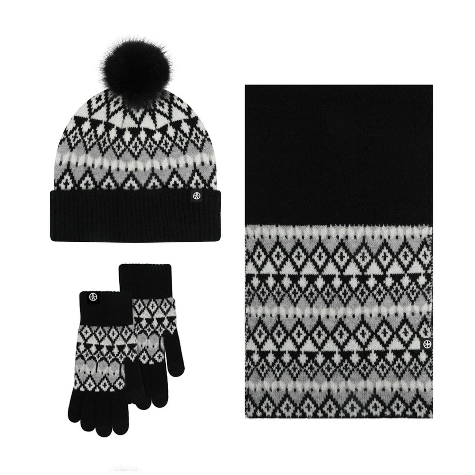 Wintermütze Schal Handschuhe Set Dreiteiliges Für Erwachsene, Bestehend Aus Bommelmütze, Und Handschuhen, Warme Jacquard-Strick-cremeweißer Jacquard-Anzug