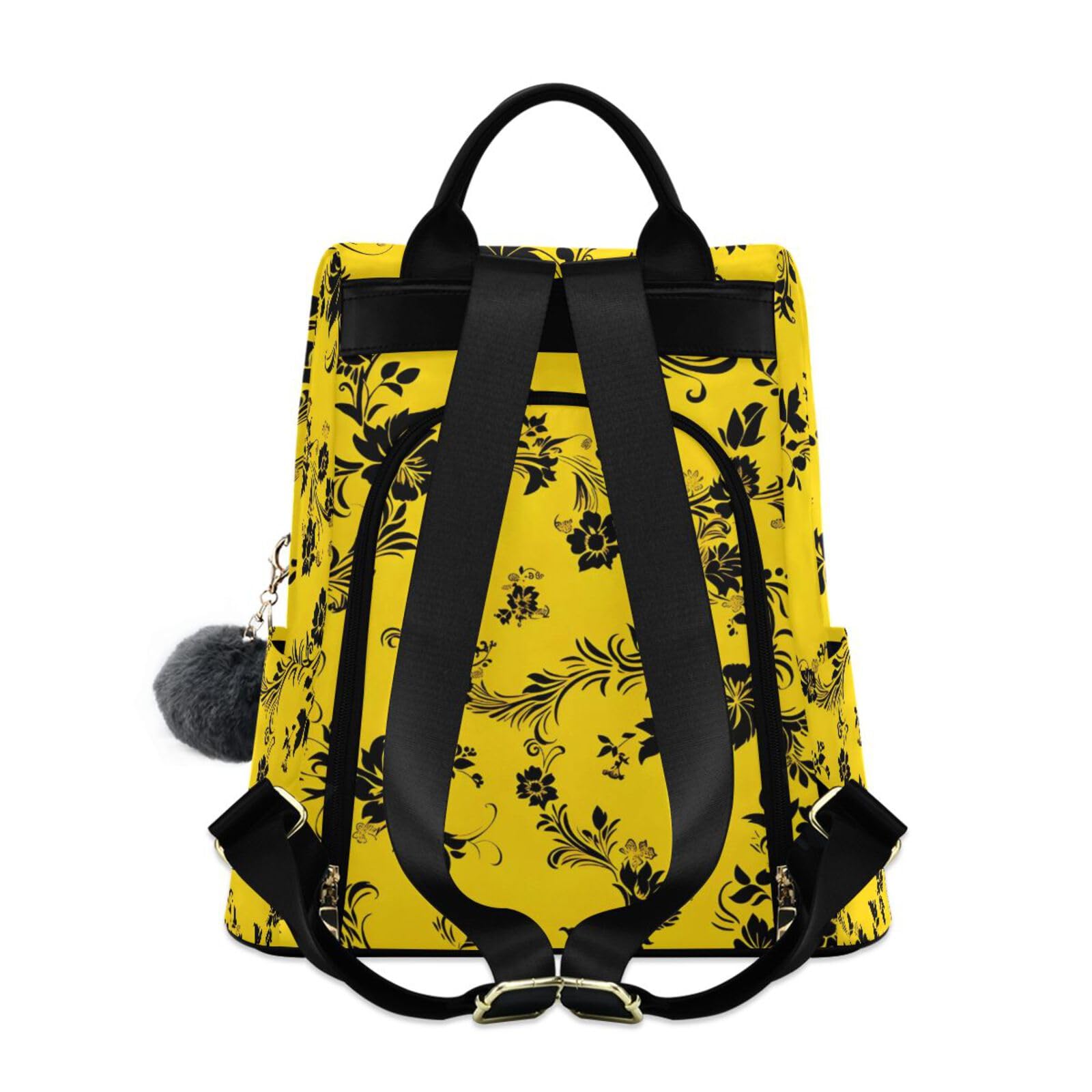 Black Yellow Floral Pattern Backpack for Women Anti Theft Large Fashion Travel Shoulder Bag Purse Rucksack Lightweight