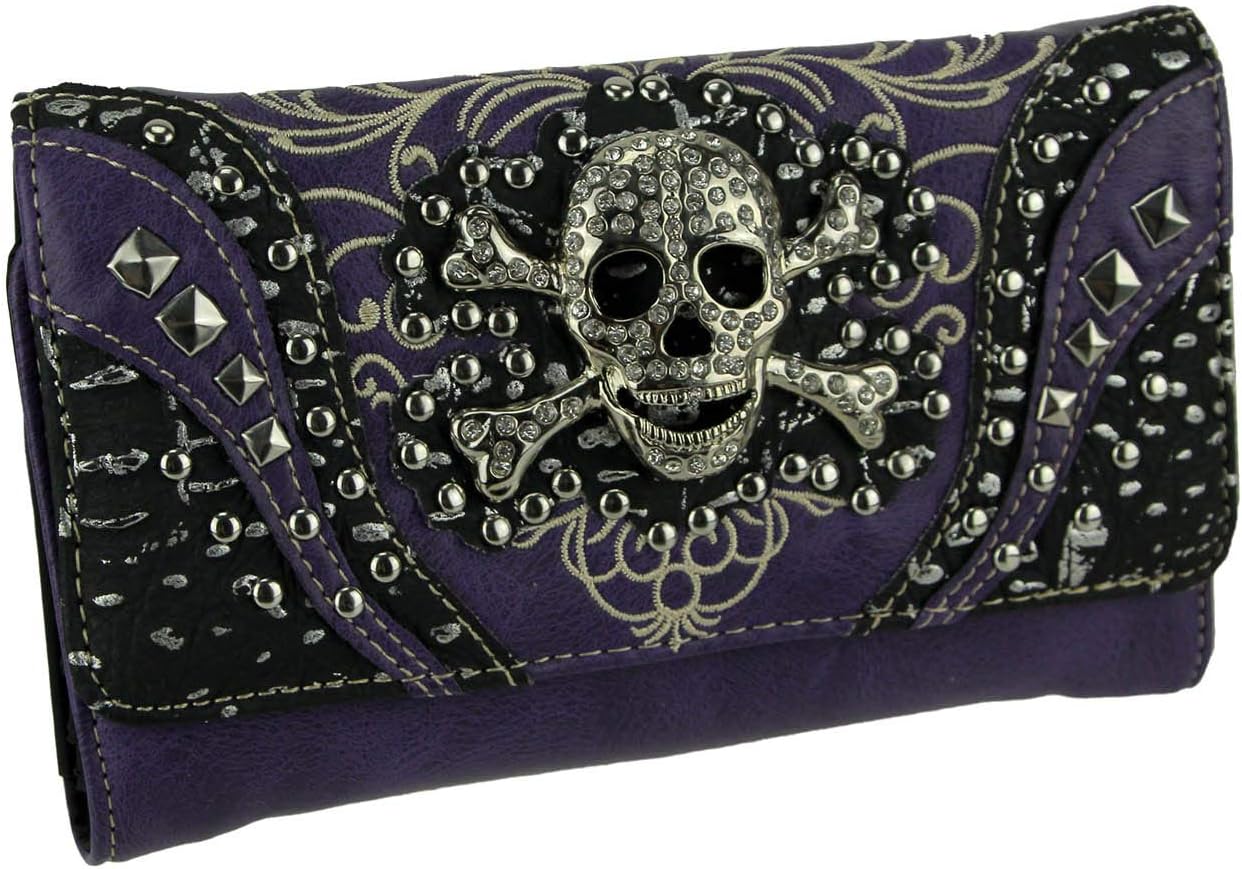Purple Trifold Wallet with Magnetic Snap Metalic Trim Rhinestone Skull