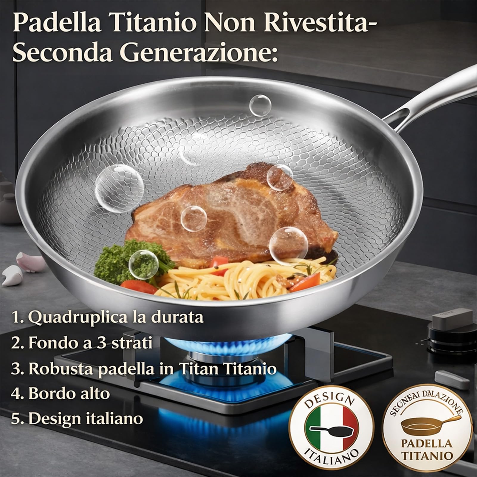 Generico Padella Titanio Puro, Padella in Titanio Titanium Pro Senza Rivestimento con Manico Rimovibile 20/24/26/28/30 cm, Compatibile Induzione Gas Elettrico (Senza Coperchio, 24 cm)