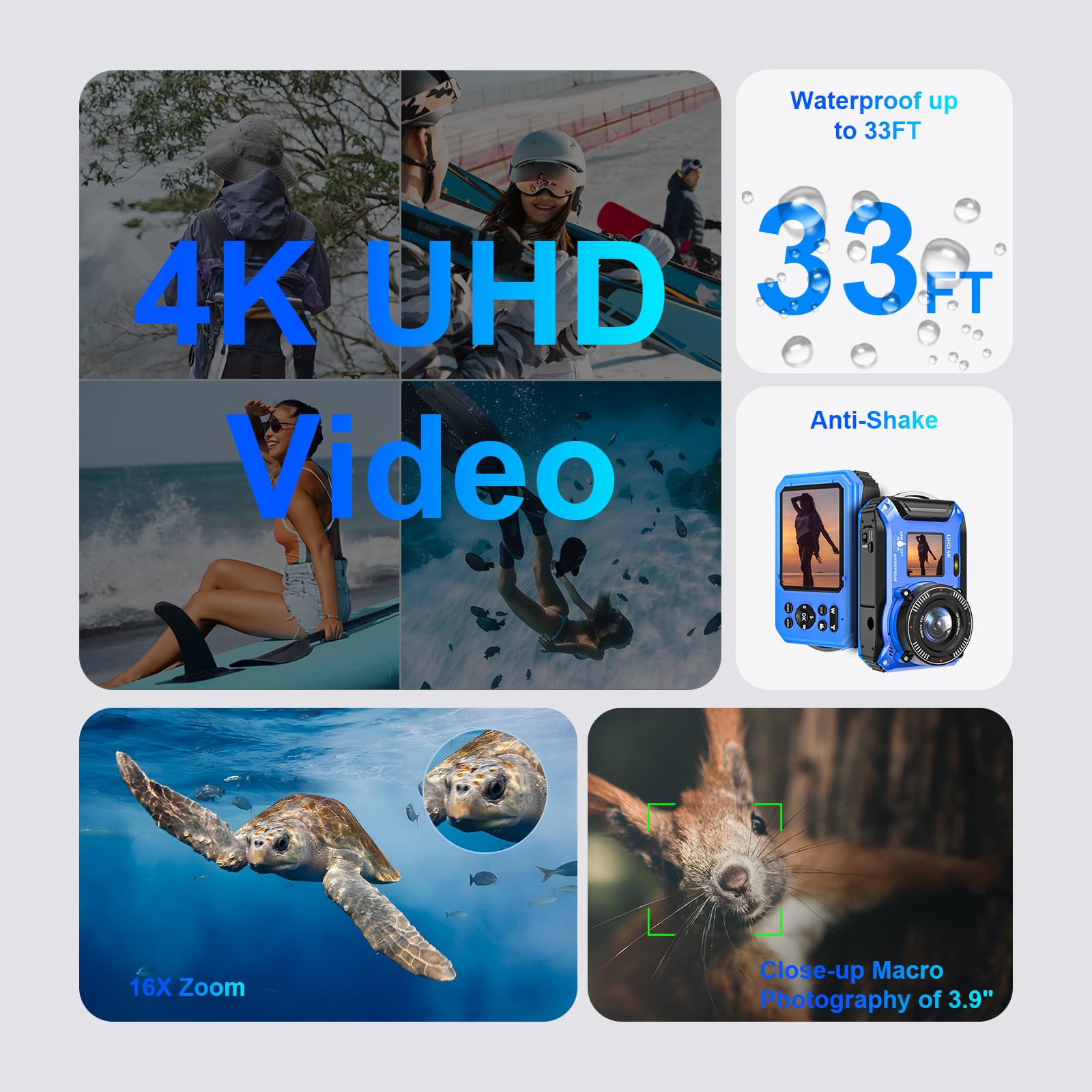 Appareil photo numérique 4K 64 MP UHD sous-marin étanche 33FT avec carte 32 Go double écran flottant compact