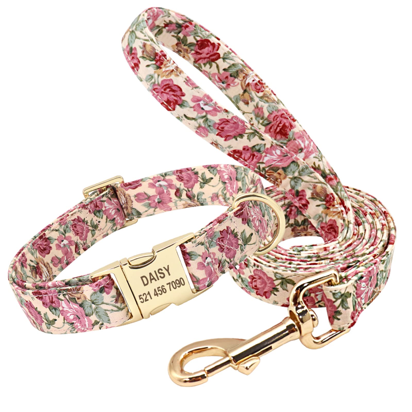 Collier de chien imprimé fleurs beige en nylon pour balades printanières