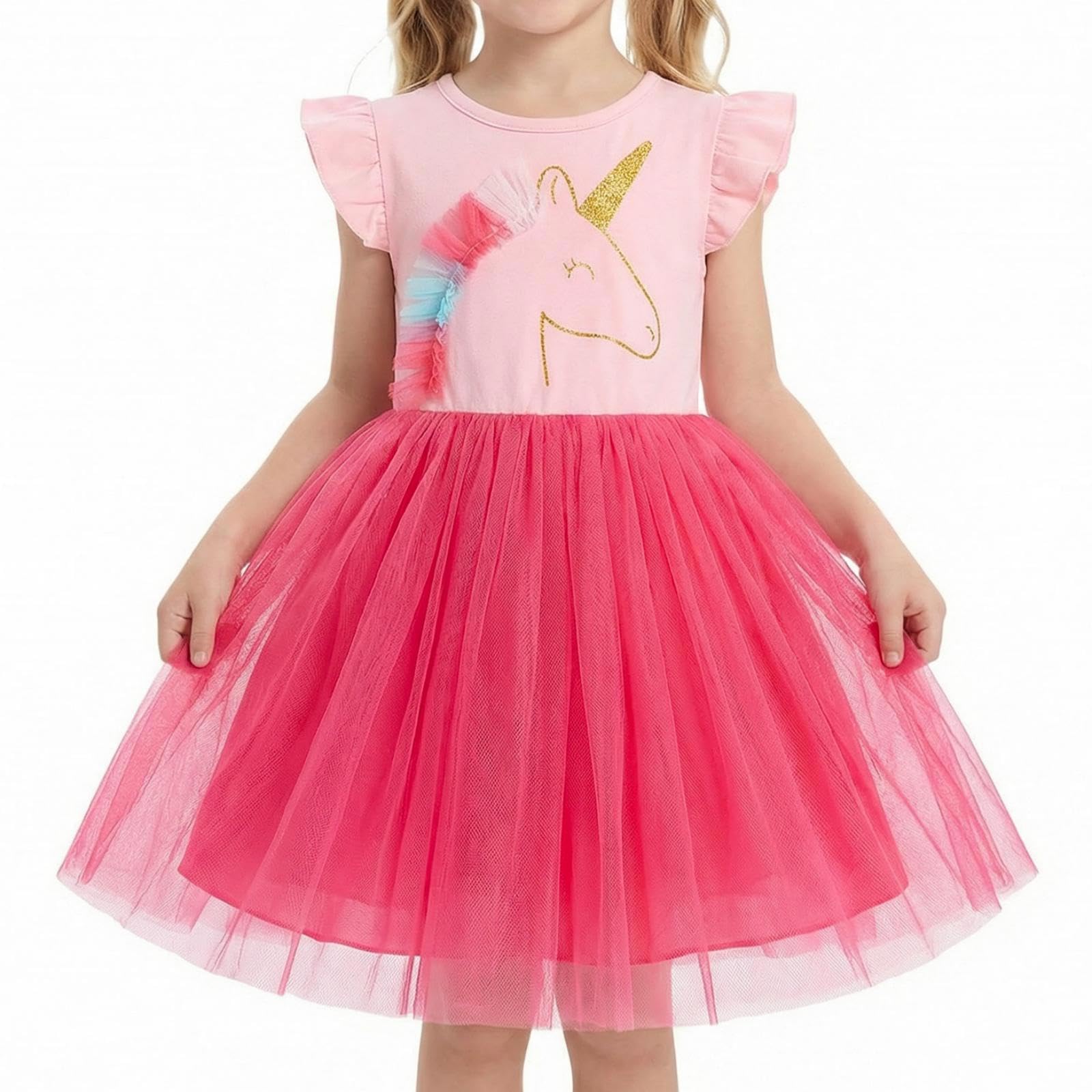 DivingBirds Mädchen Kleider Einhorn Rüschen Kurzarm Baumwolle Top Tülkleid Sommer Kleinkind Prinzessin Geburtstag Partykleid Kinderkleider für 3-8 Jahre