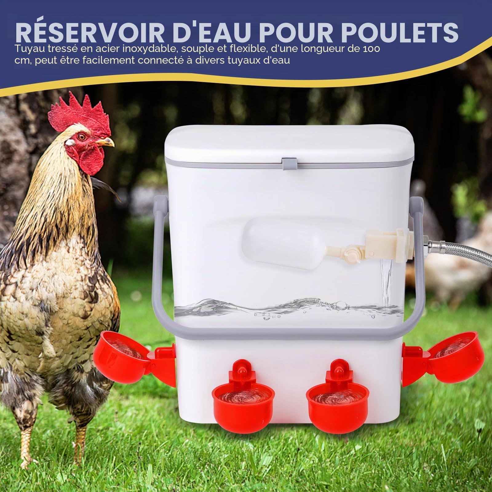 Volaille Automatique Abreuvoir 9L Distributeur Eau Poulet avec 4 pcs Abreuvoir Poule 100cm Tuyau Tressé Vanne à Bille RéGlable Abreuvoir pour Poussins Canards Oies Dindes Lapins Volailles